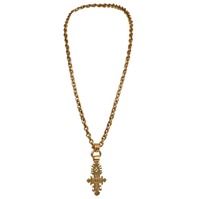Chanel Vintage 24kt Plated Gold Ornate Large CC Cross Necklace