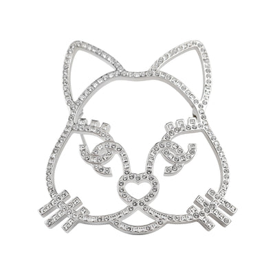 Chanel Large Cat Crystal Pin w/ Silver Hardware
