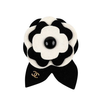 Chanel Black/White Felt Camellia Brooch