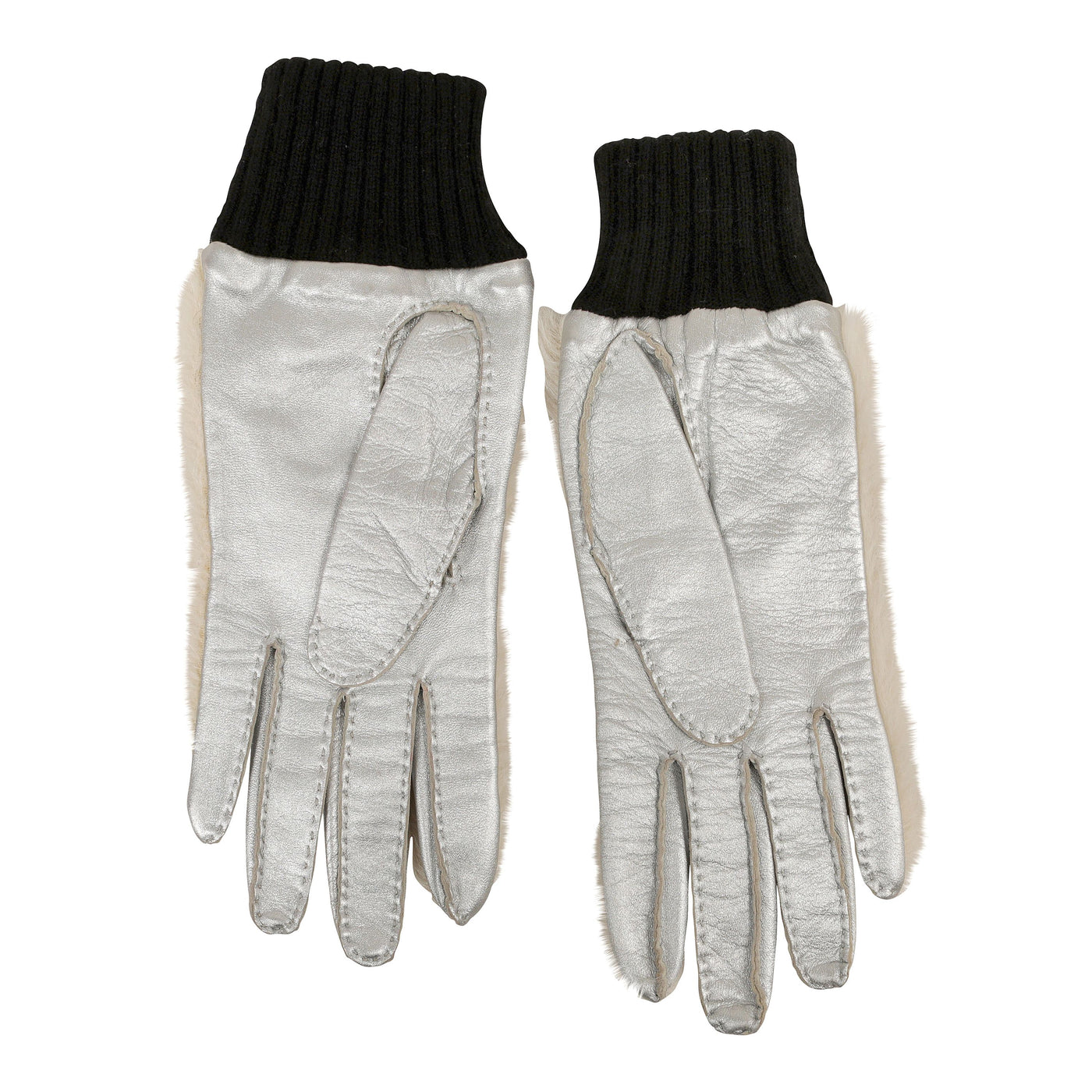 Chanel White Fur CC Gloves w/ Metallic Silver Leather