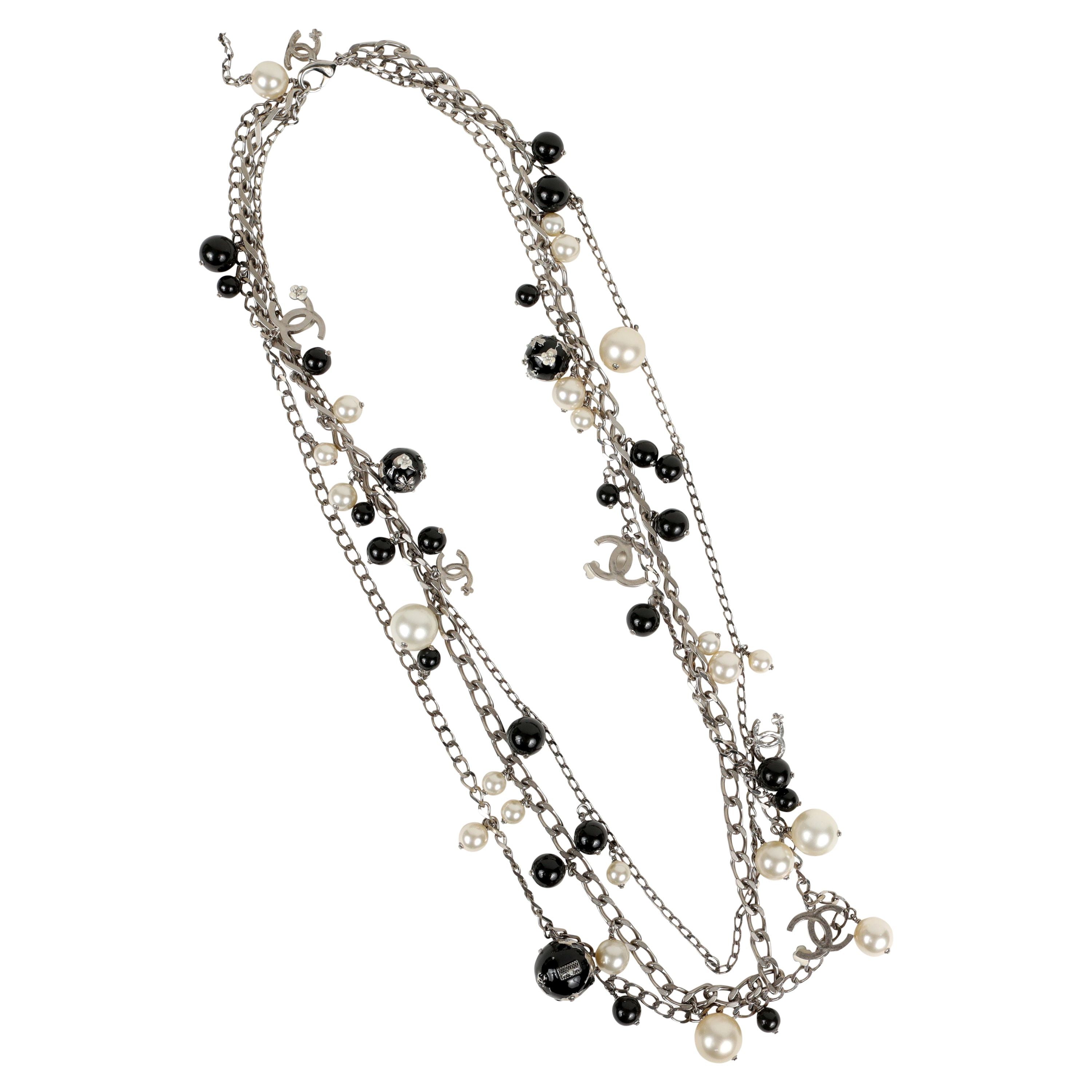 Chanel Black Beaded Necklace/Belt w/ CC Globe Charm & Silver