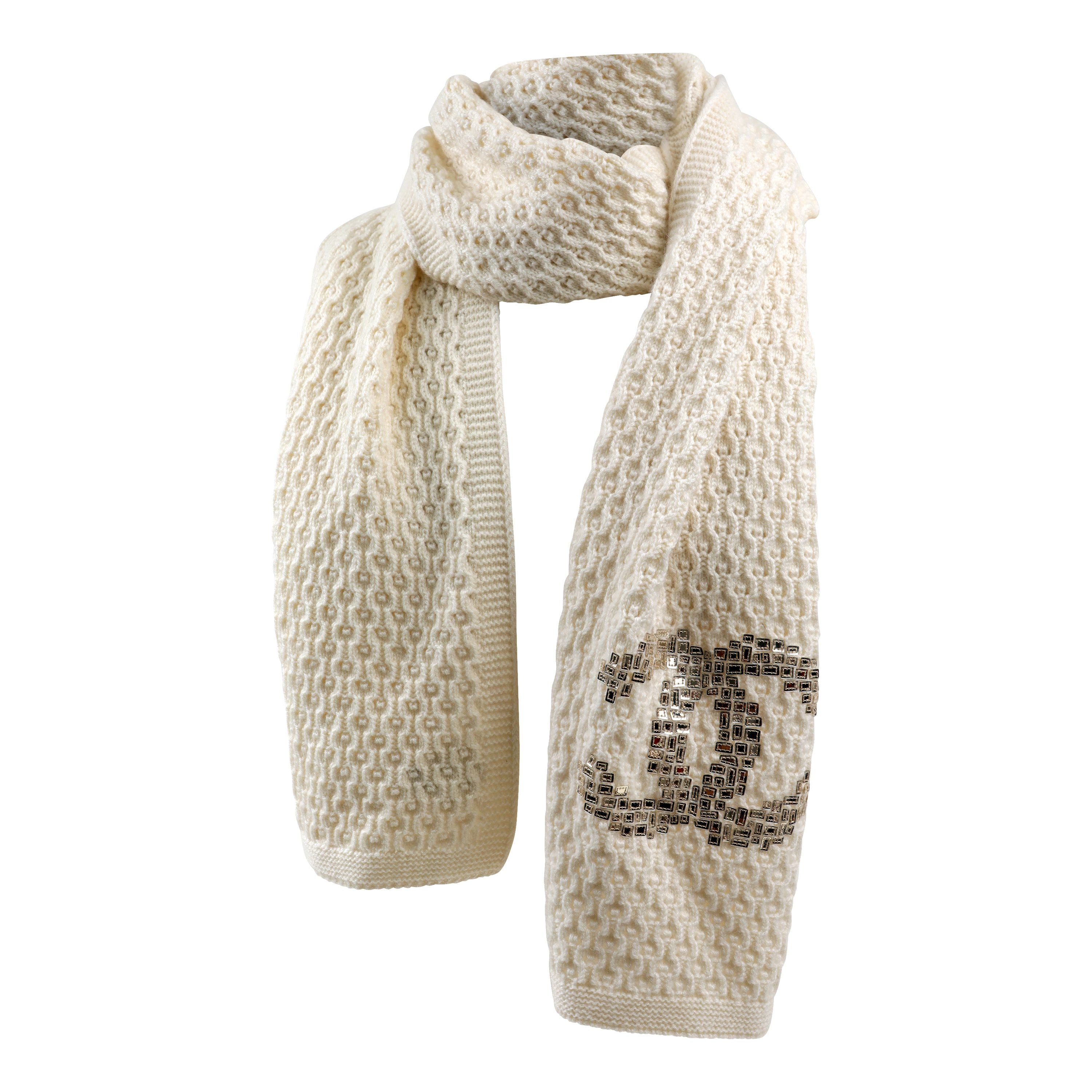 Chanel White Ivory Cashmere Silk Long Scarf w/ Sequin CC – Only