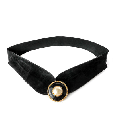 Chanel Inspired Belt or  Black Nubuck Suede & Pearl with Gold Enamel Buckle - Only Authentics