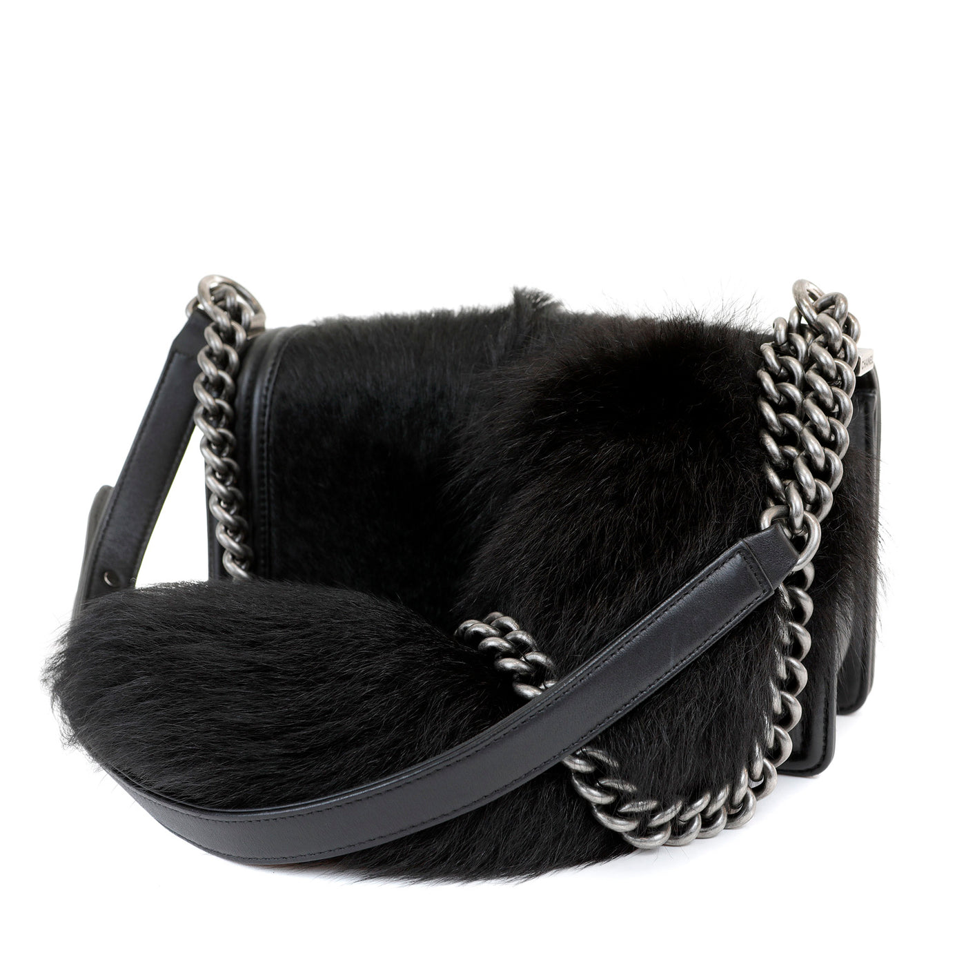 Chanel Black Fox Fur Boy Bag with Tail & Ruthenium Hardware