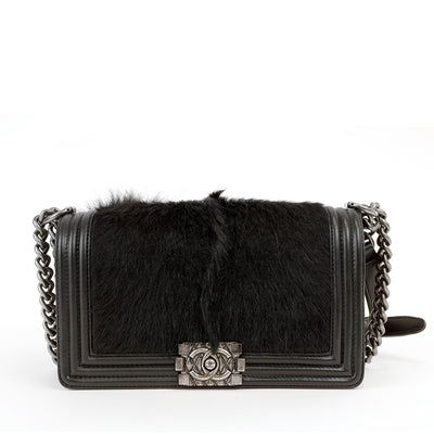 Chanel Black Fox Fur Boy Bag with Tail & Ruthenium Hardware