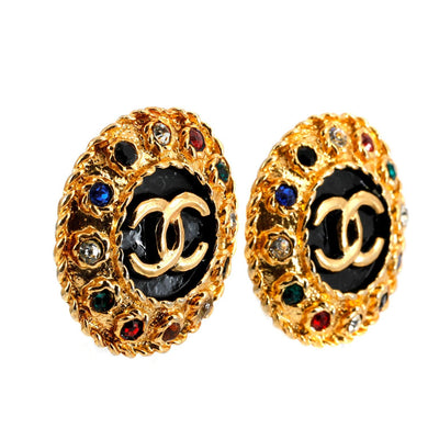 Chanel Black Enamel and Rhinestone CC Button Earrings - Only Authentics