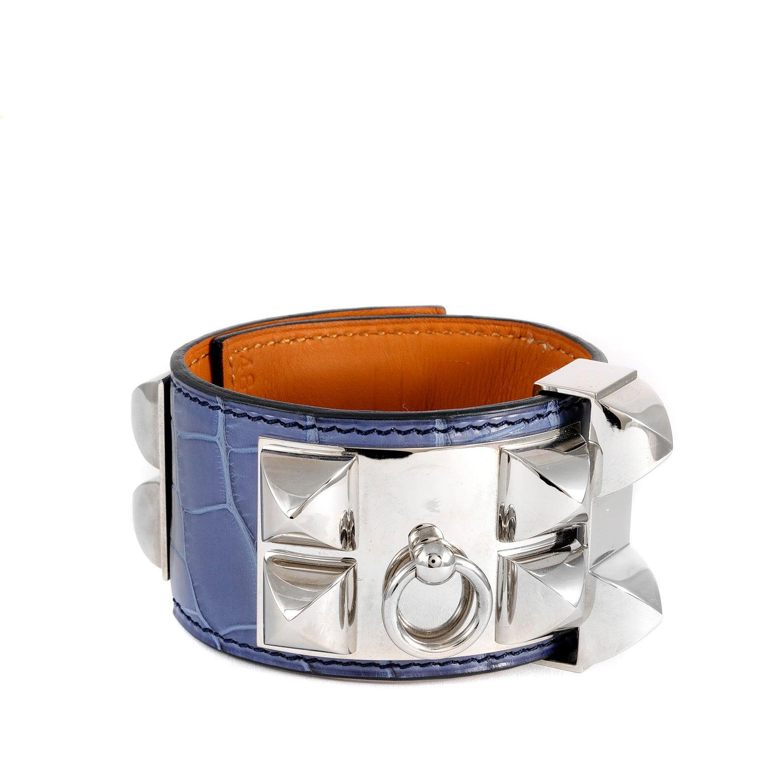 Hermès Bleu Brighton Crocodile Cuff w/ Palladium Hardware