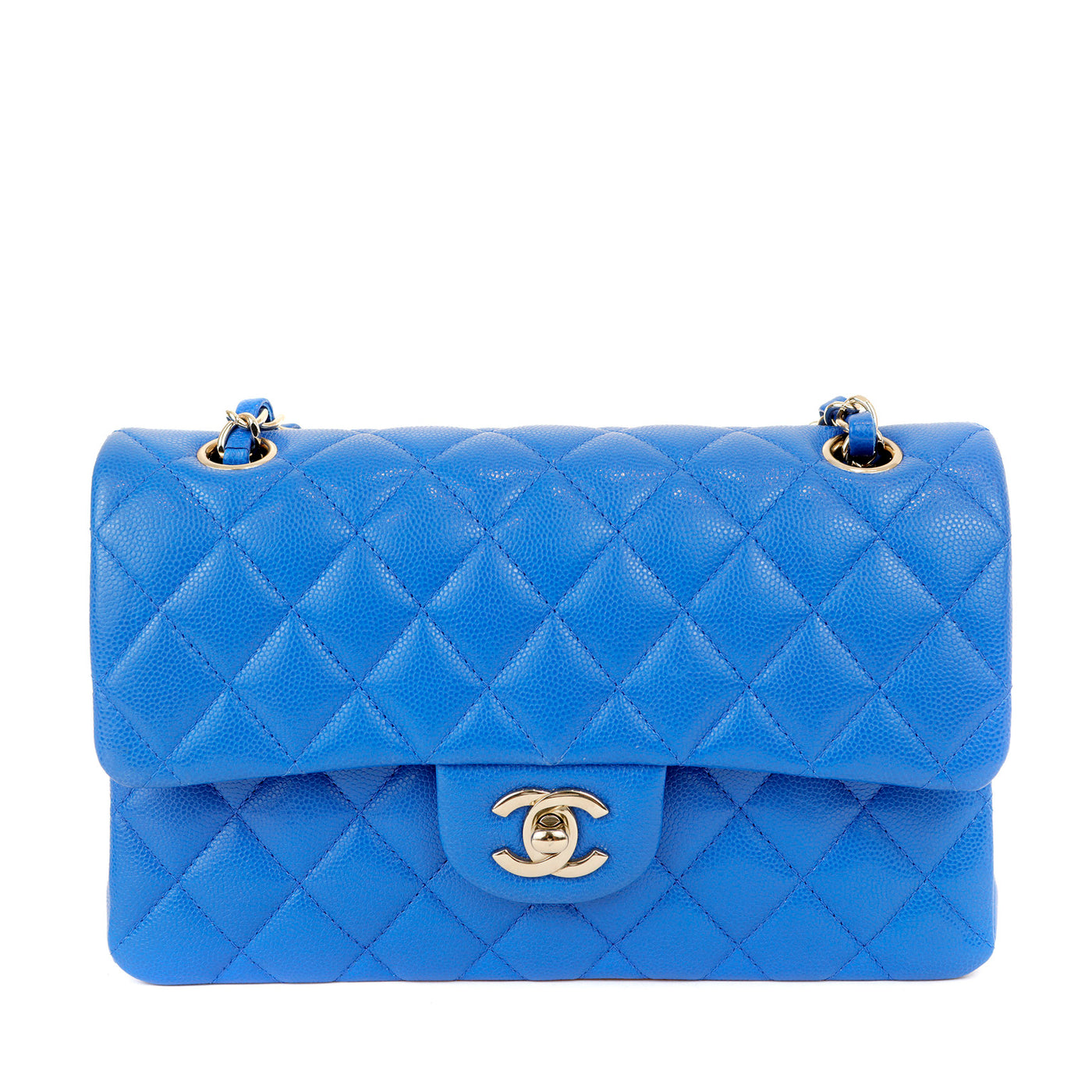 Get your hands on the electrifying Chanel Electric Blue Caviar Small/Medium Classic Flap Bag