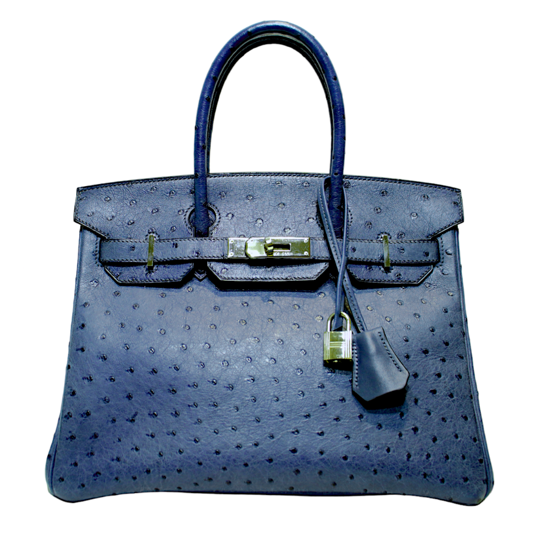 Hermès 30cm Blue Brighton Ostrich Birkin w/ Palladium Hardware