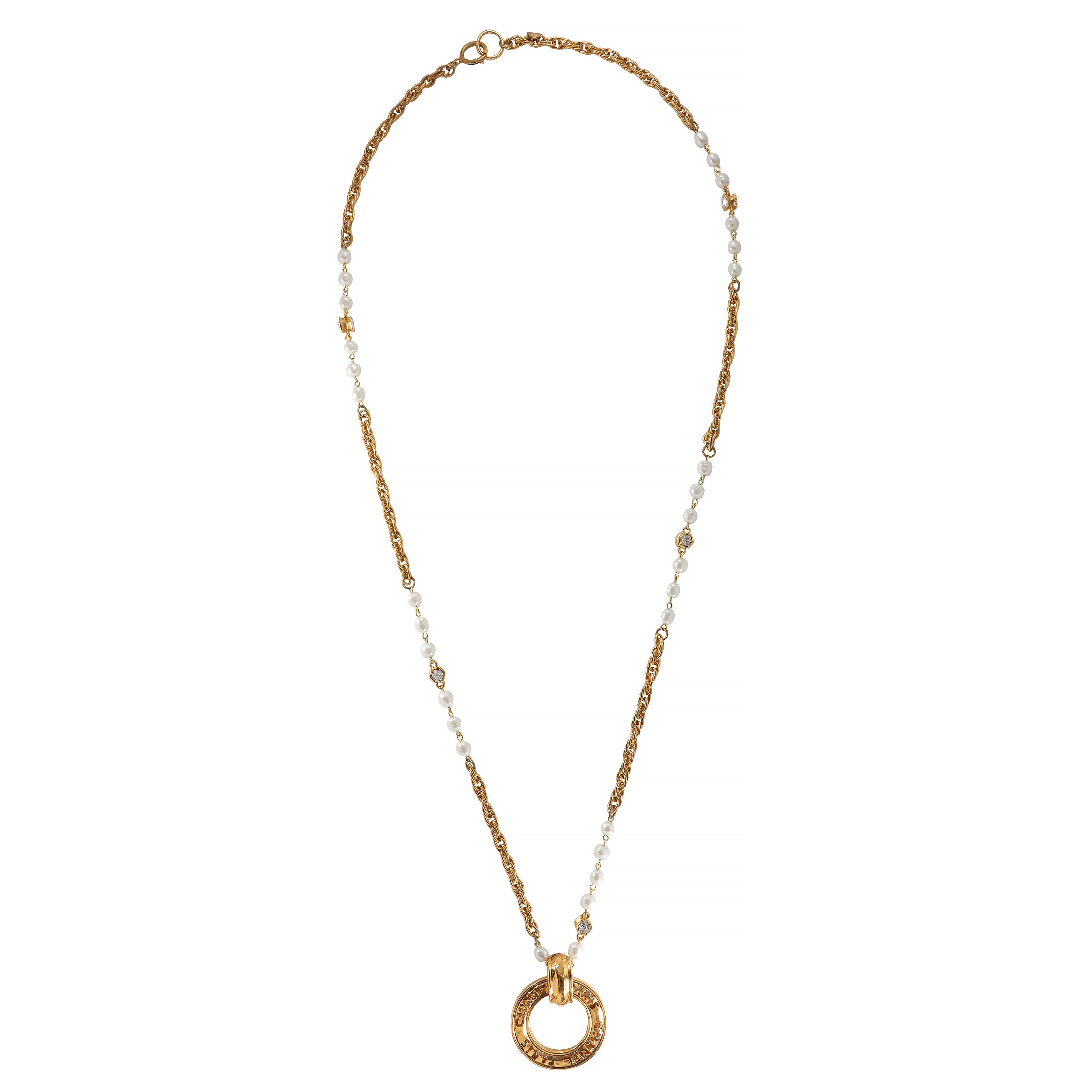 Chanel Vintage Pearl Rhinestone 24k Gold Plated Necklace