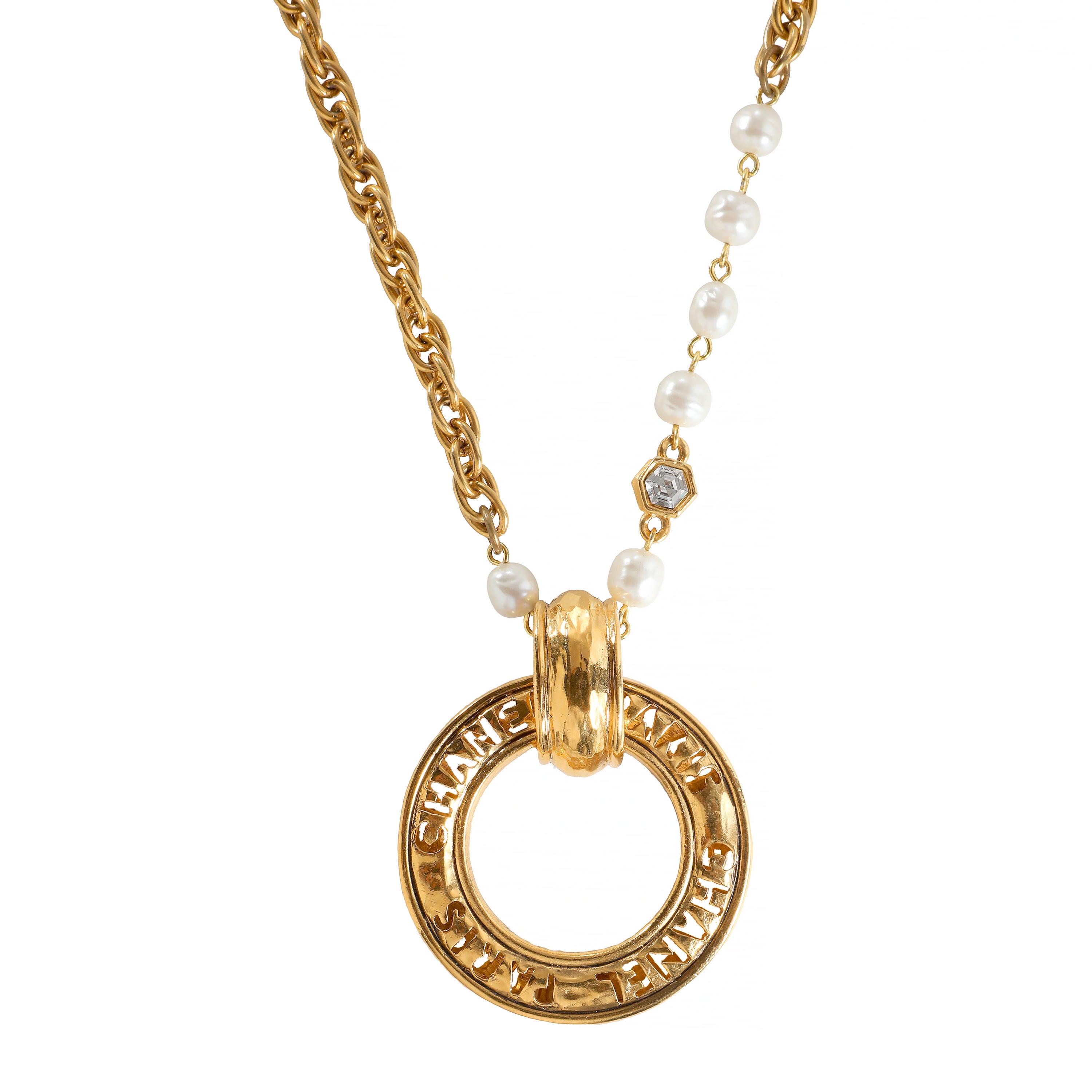 Chanel Vintage Pearl Rhinestone 24k Gold Plated Necklace