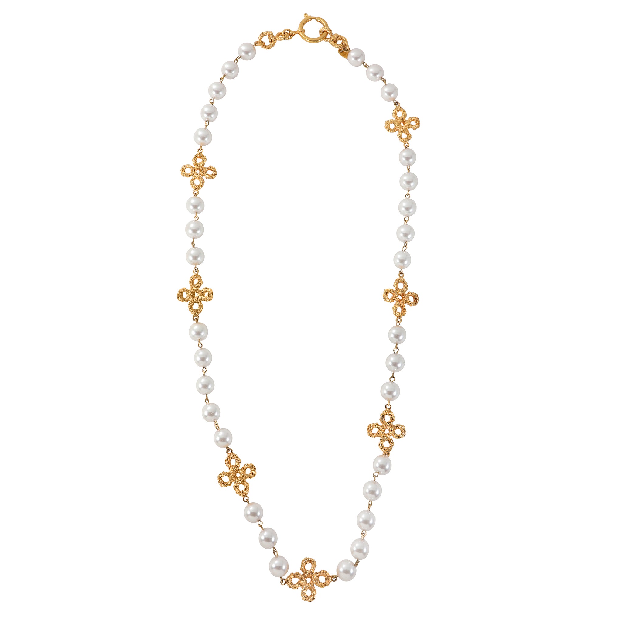 Chanel Gold Washed Wire Clovers Pearl Neckalce