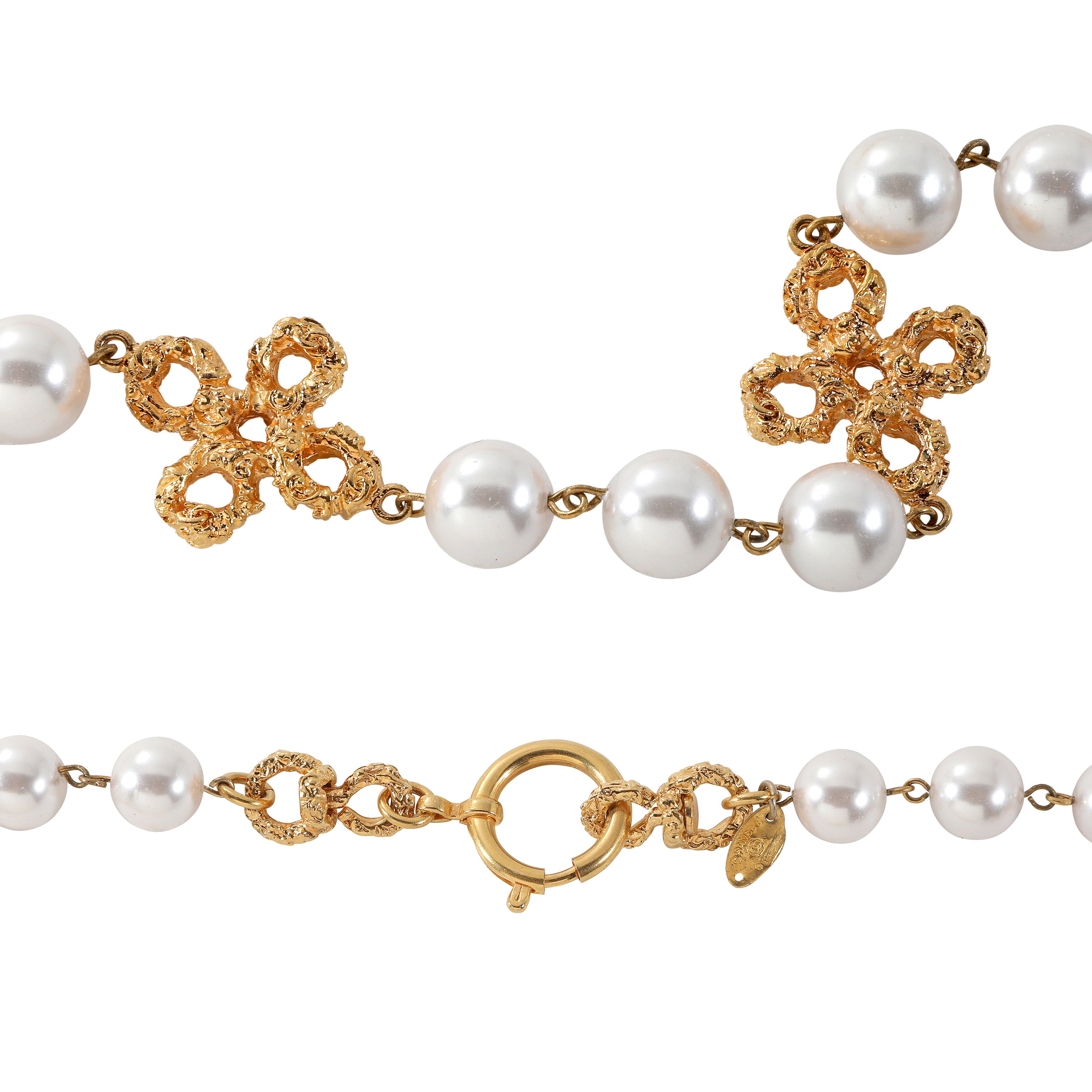 Chanel Gold Washed Wire Clovers Pearl Neckalce