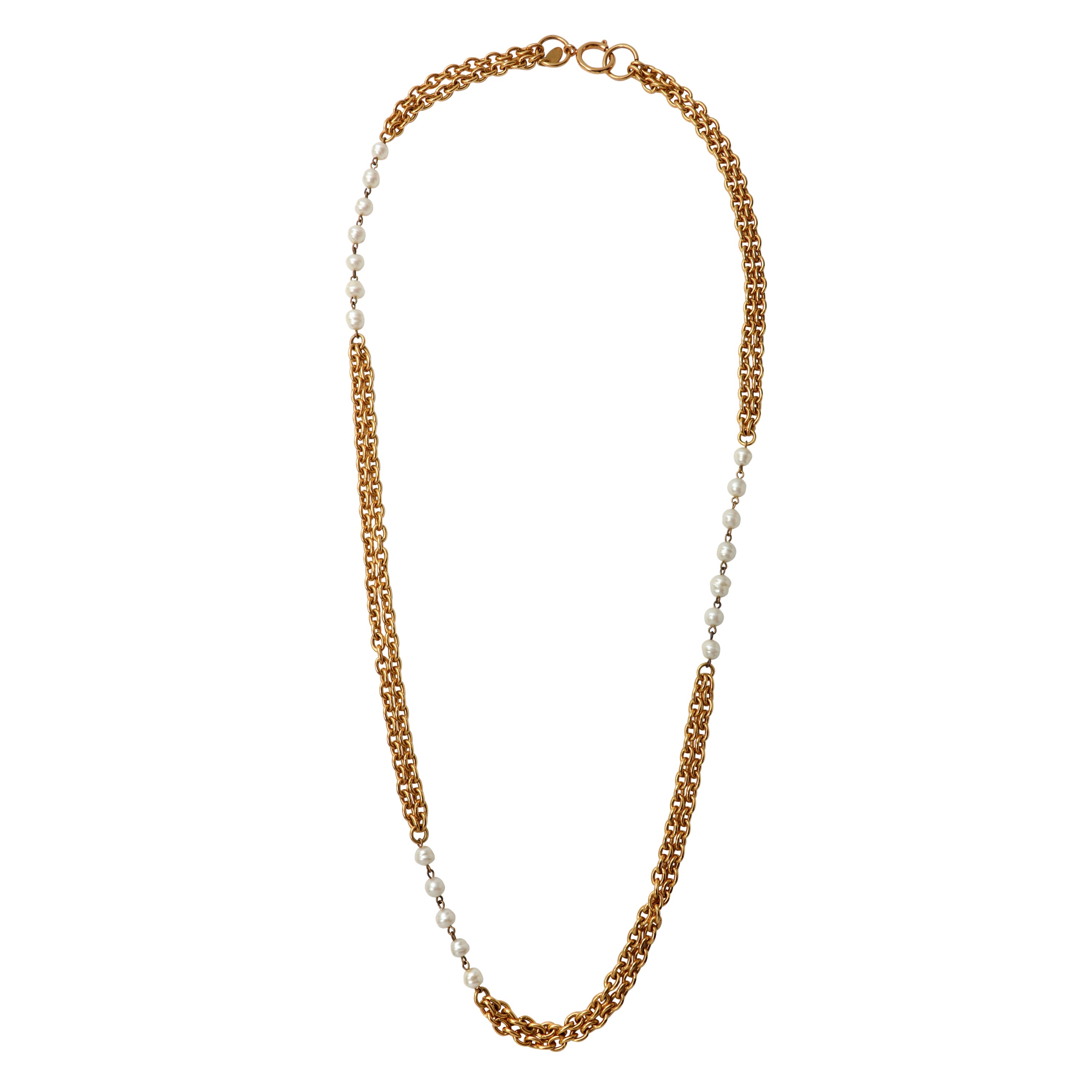 Chanel Double Chaine Necklace w Pearl Stations