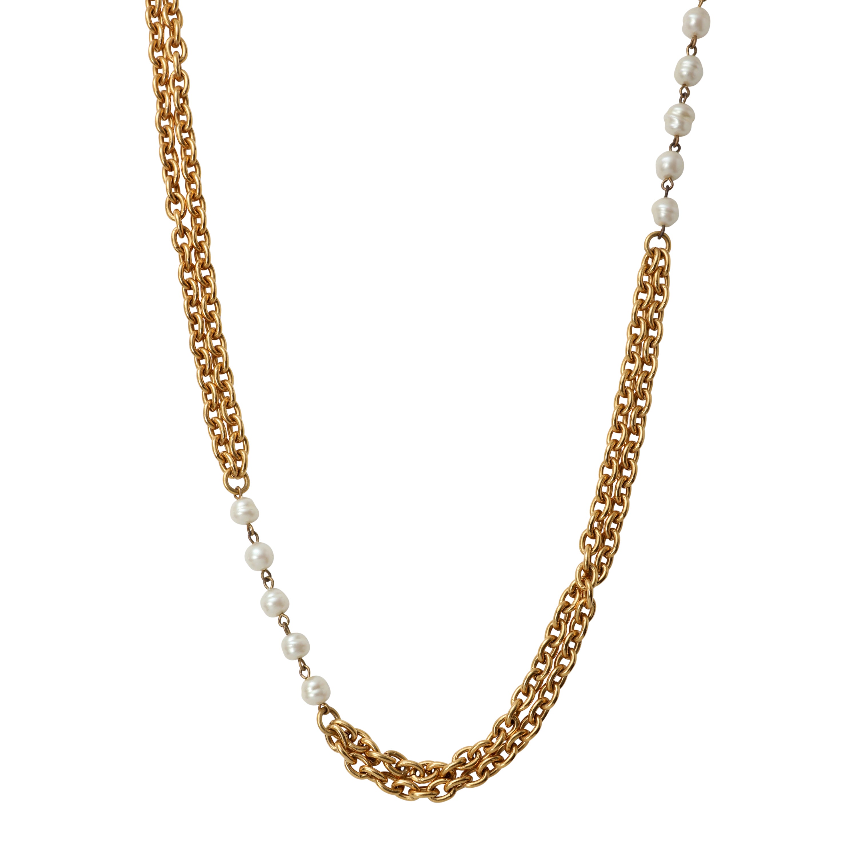 Chanel Double Chaine Necklace w Pearl Stations