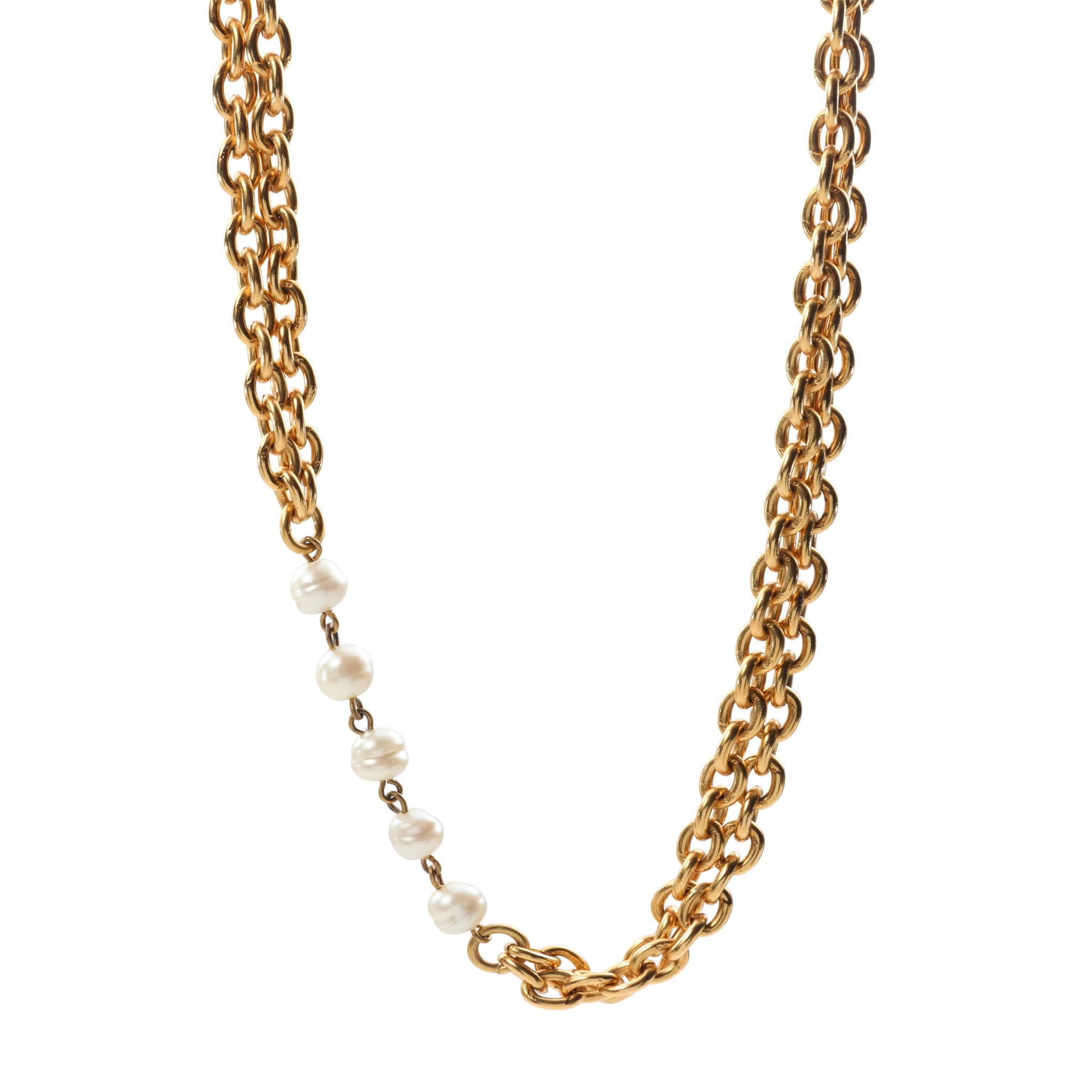 Chanel Double Chaine Necklace w Pearl Stations