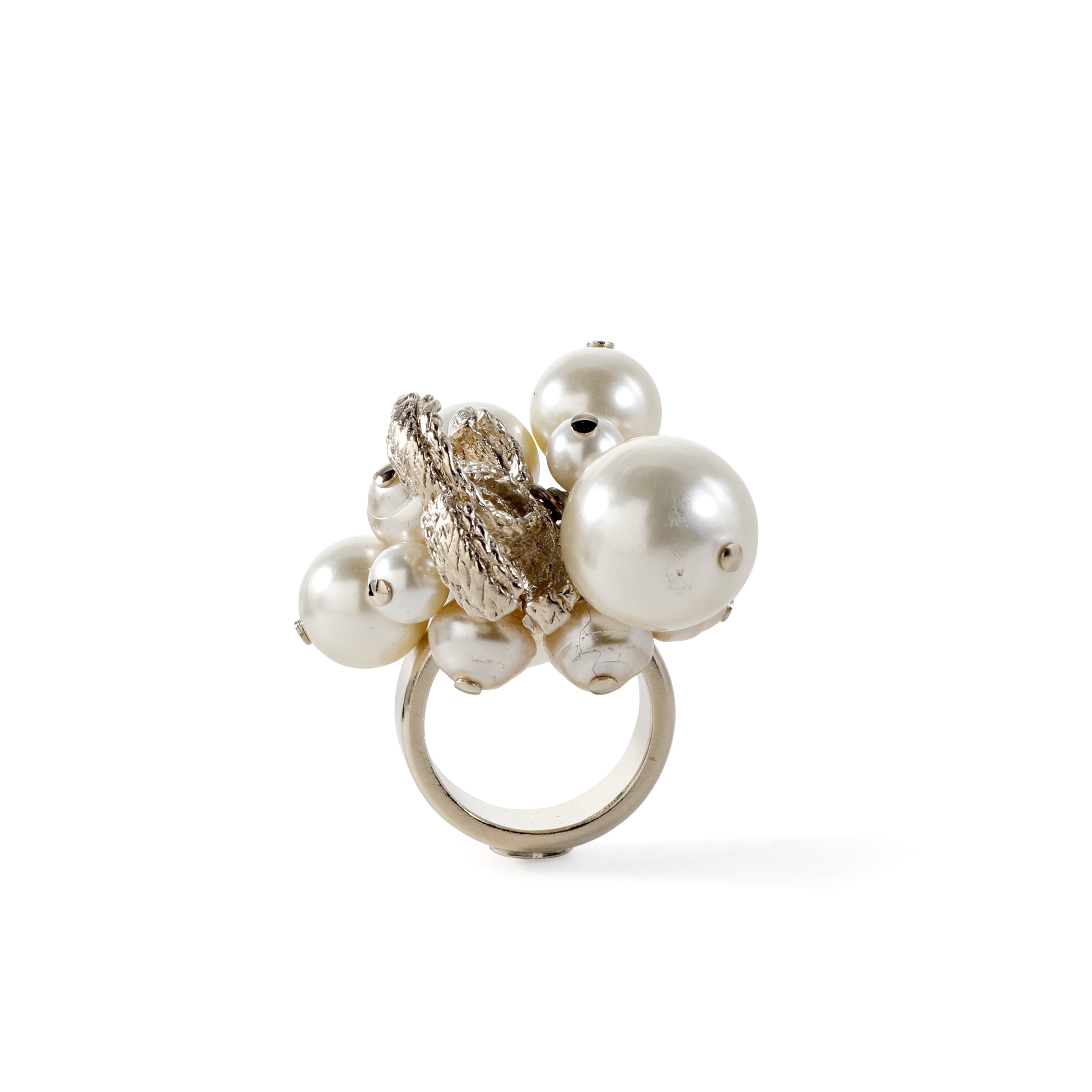 Chanel Gold Heart Pearl Ring w CC Drip Sz 6