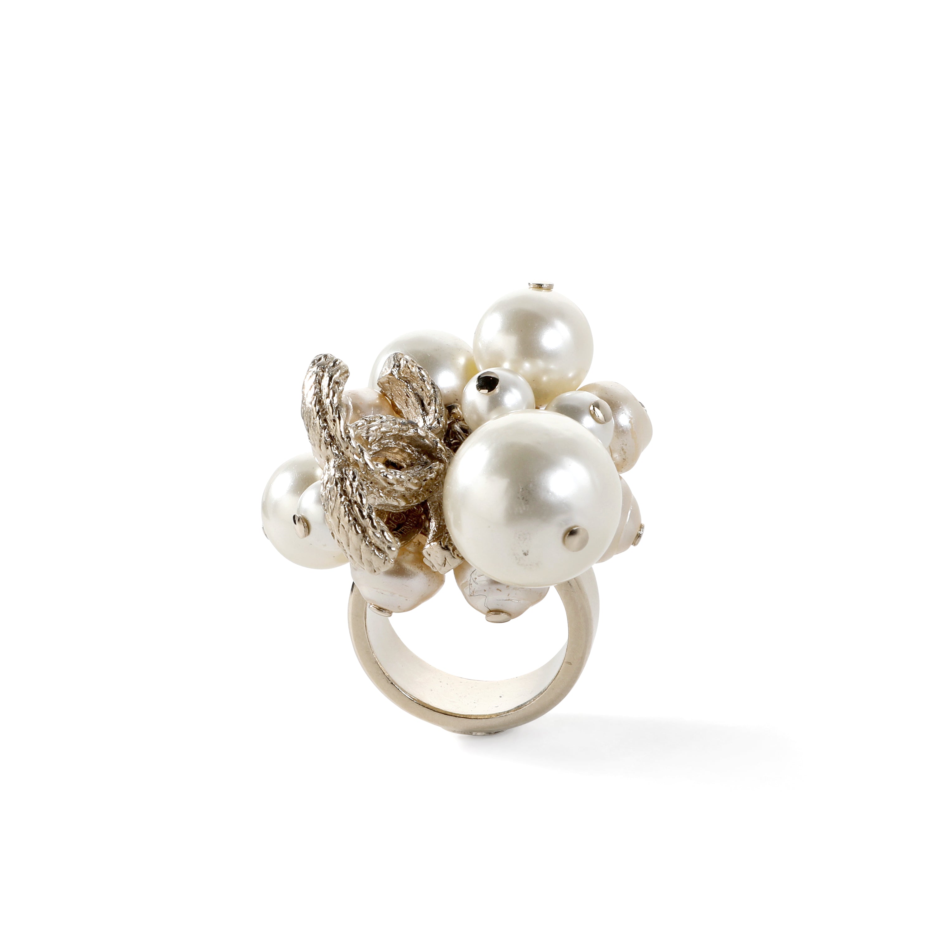 Chanel Gold Heart Pearl Ring w CC Drip Sz 6