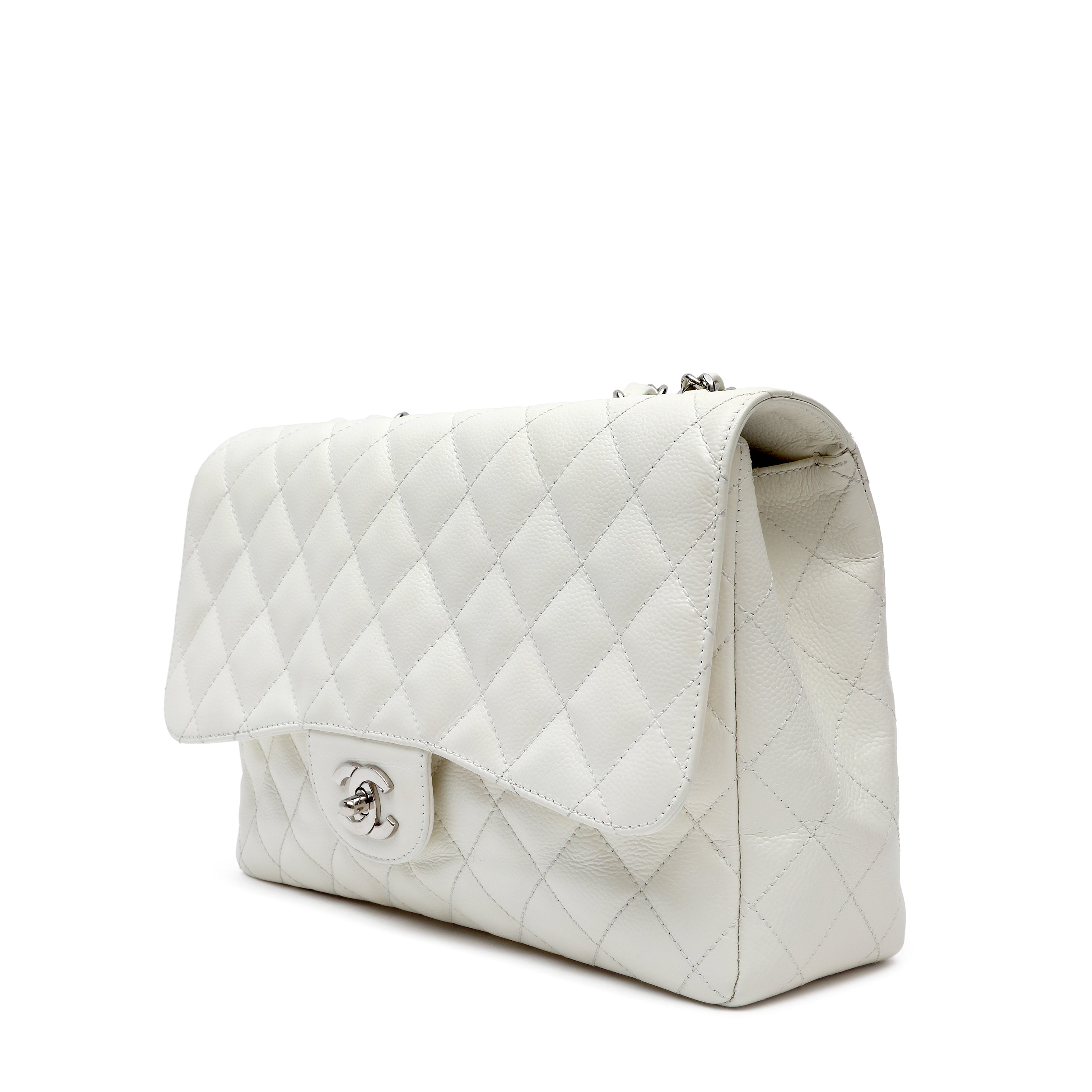 CHANEL 綺麗　ラウンドファスナー ホワイト Chanel Classic Single Flap Jumbo White Caviar w/Silver Hardware