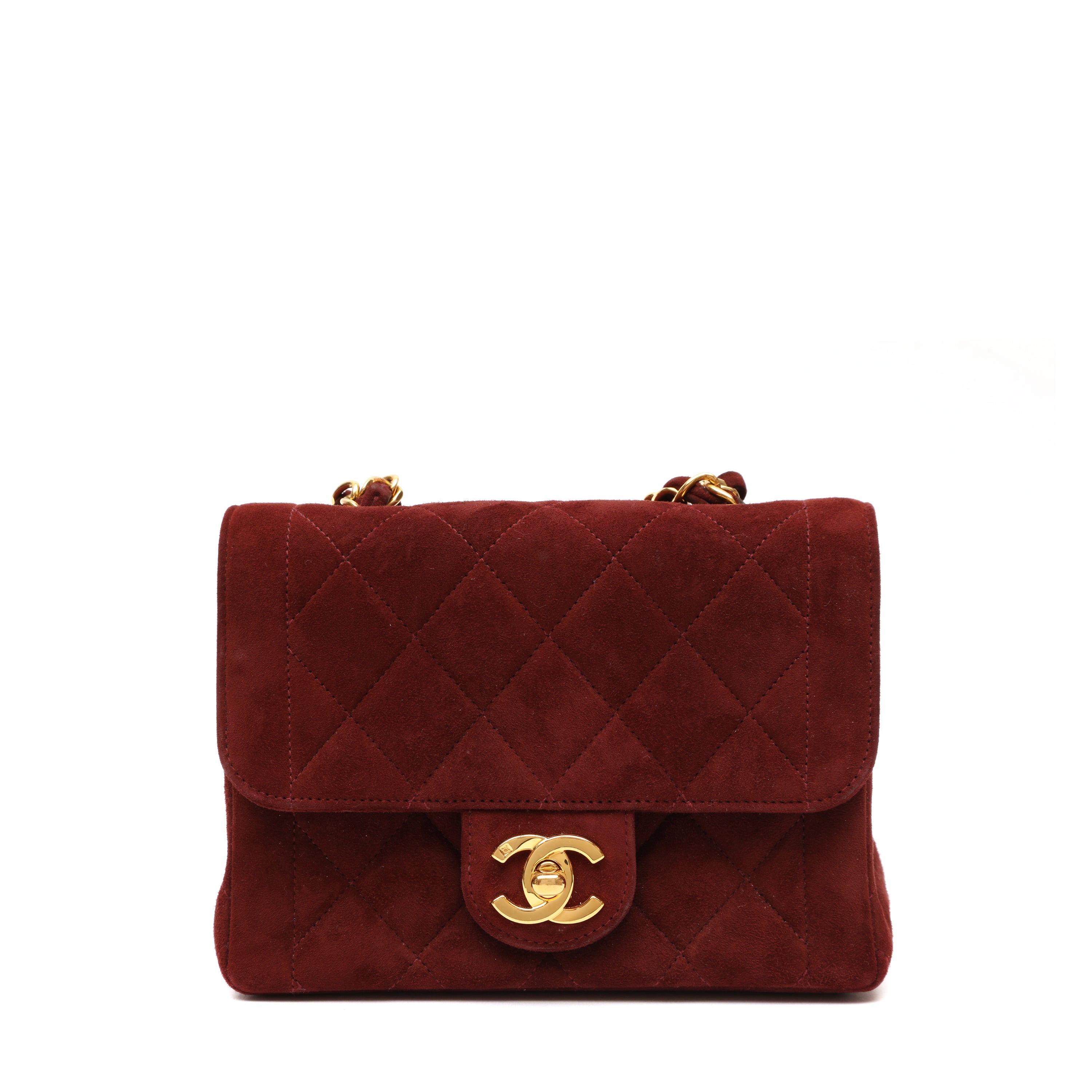 Chanel 1995 Red Velvet Mini Square Classic Flap Shoulder Bag