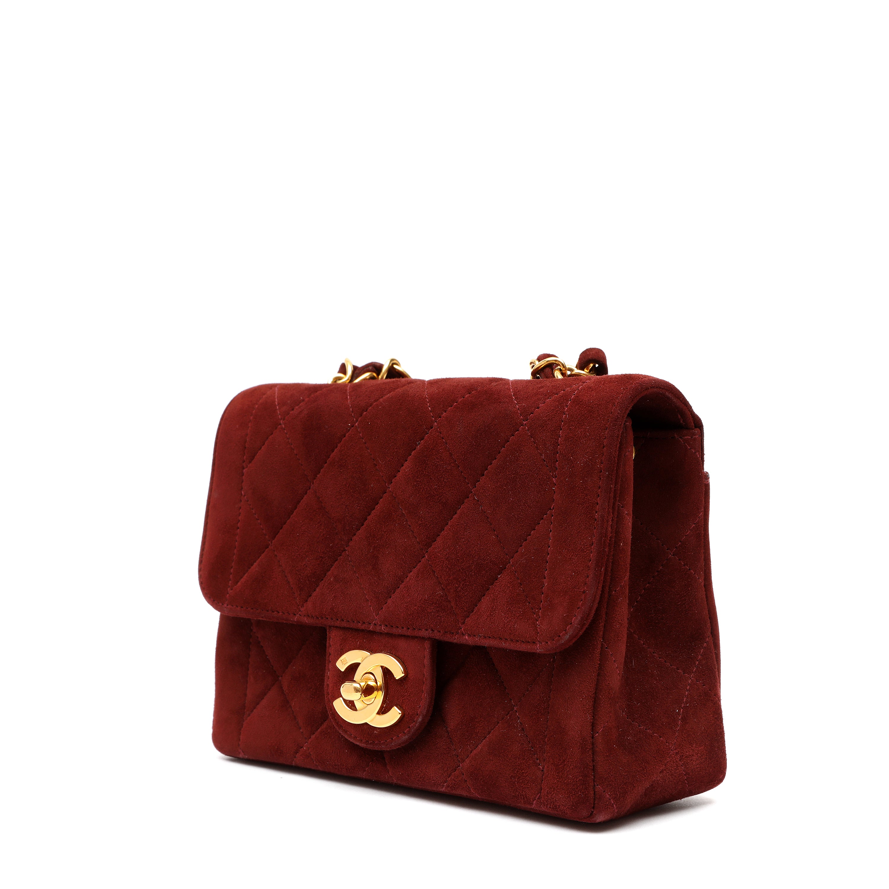 Chanel 1995 Red Velvet Mini Square Classic Flap Shoulder Bag