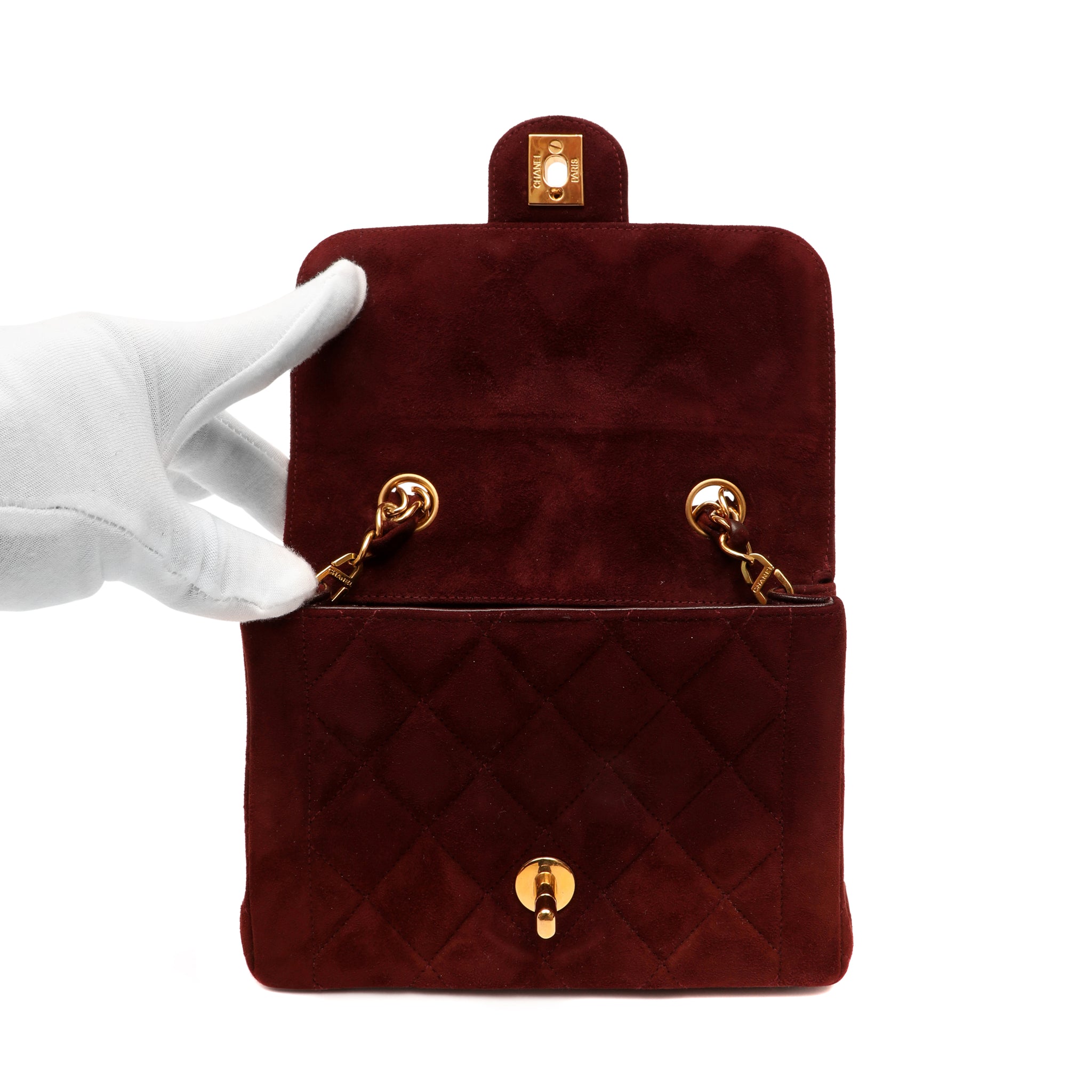Chanel 1995 Red Velvet Mini Square Classic Flap Shoulder Bag