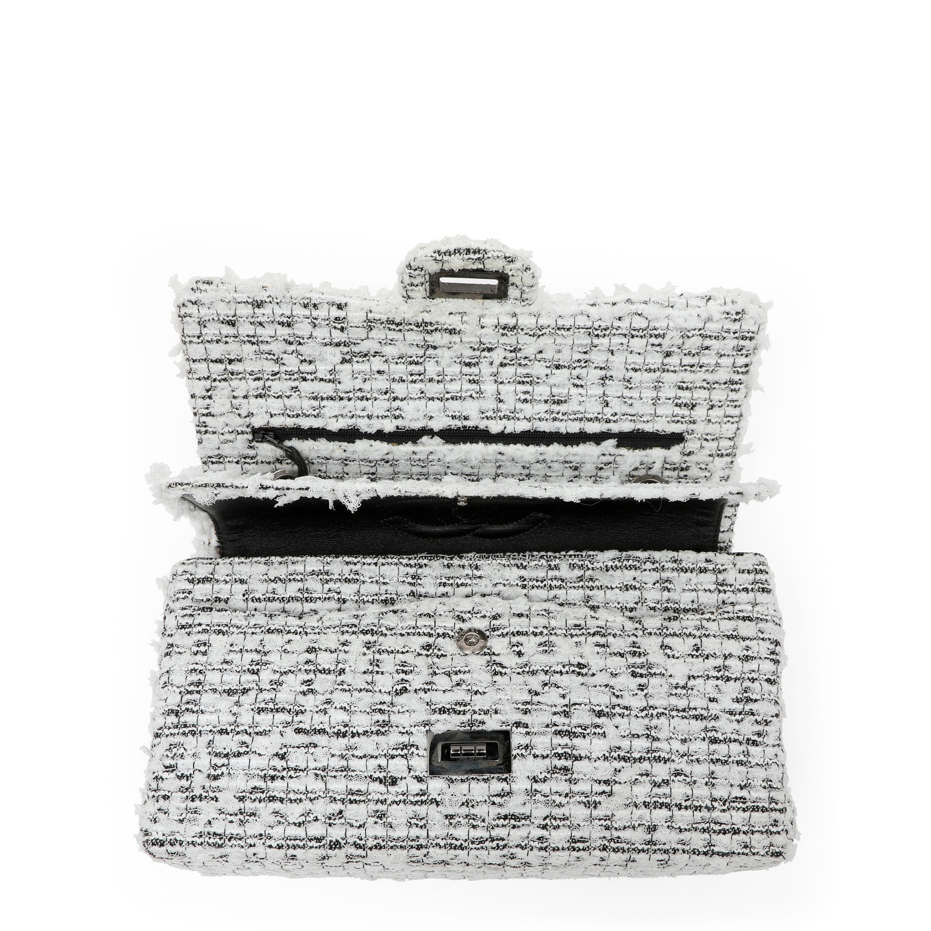 Chanel 2.55 Reissue Med White Black Tweed Garden Charms