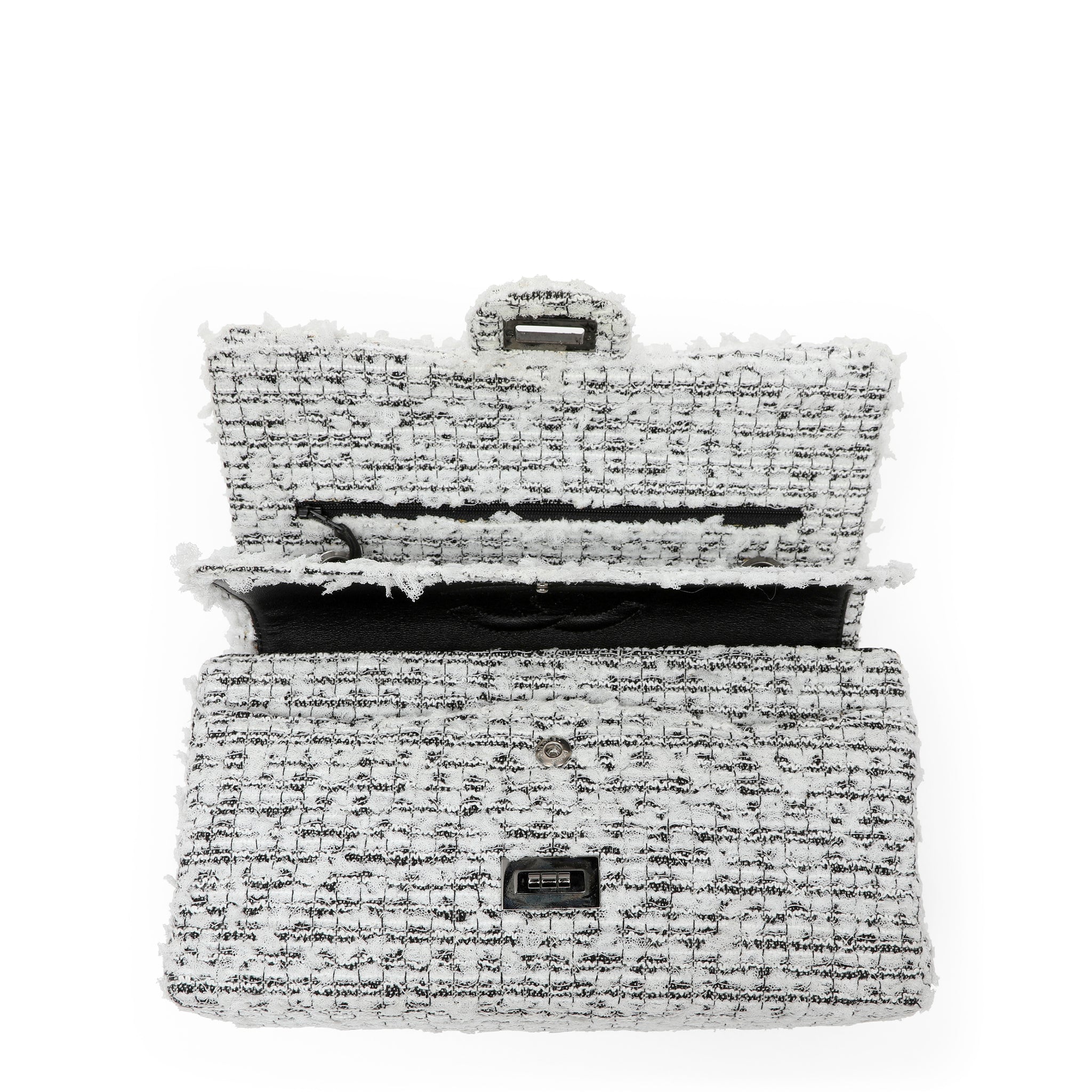 Chanel 2.55 Reissue Med White Black Tweed Garden Charms