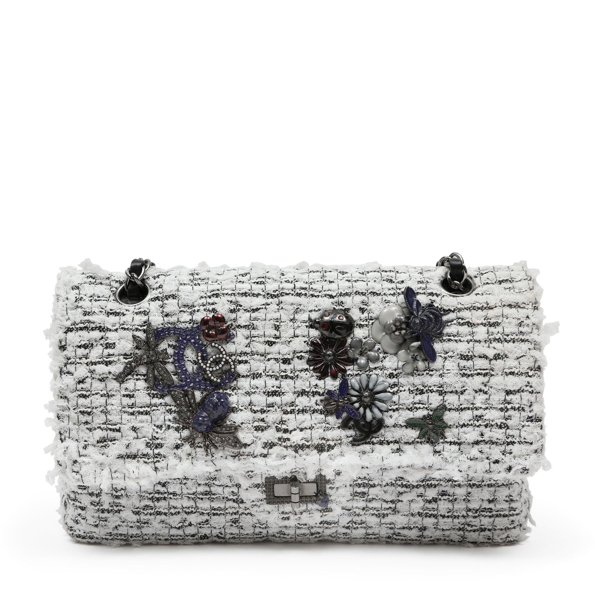 Chanel 2.55 Reissue Med White Black Tweed Garden Charms