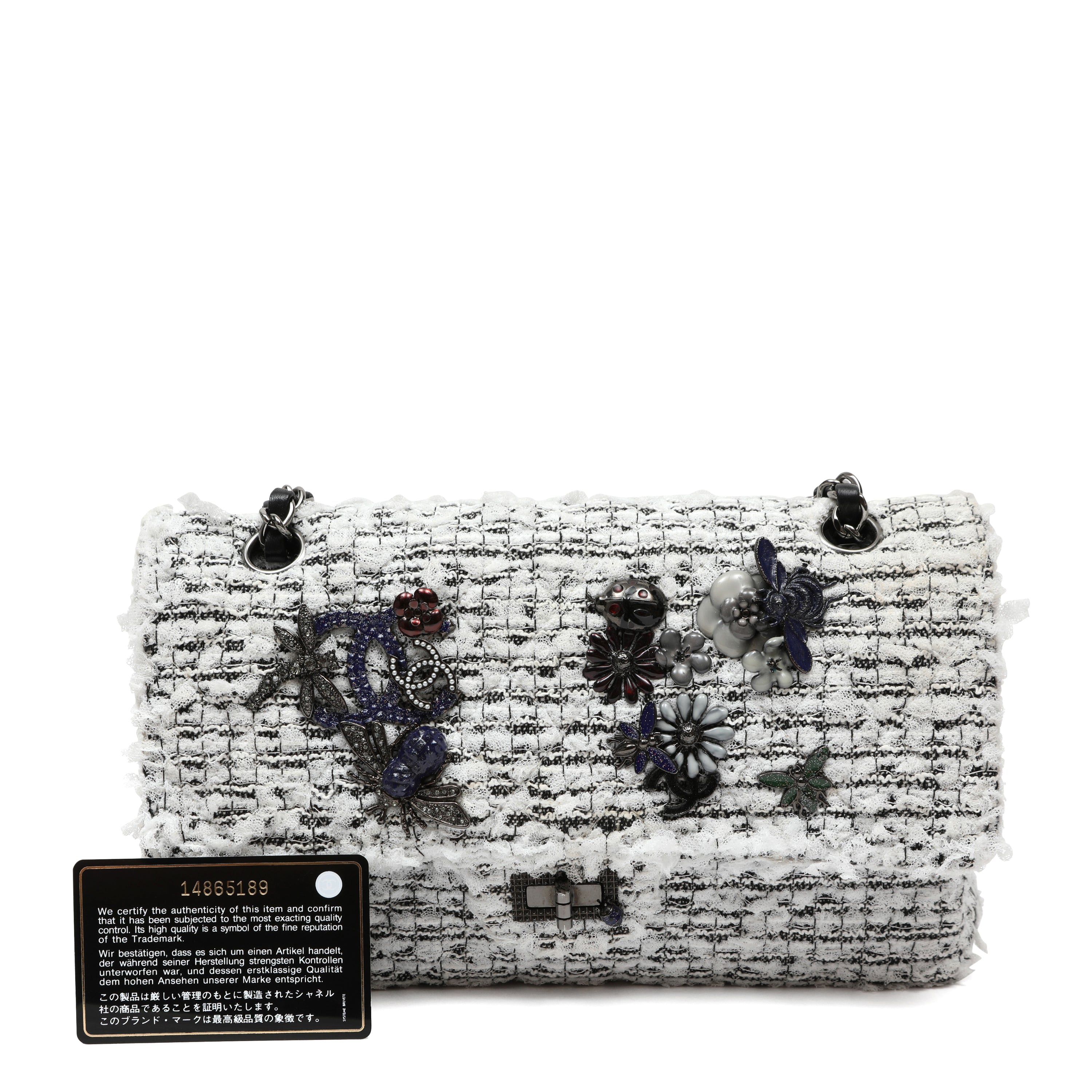 Chanel 2.55 Reissue Med White Black Tweed Garden Charms