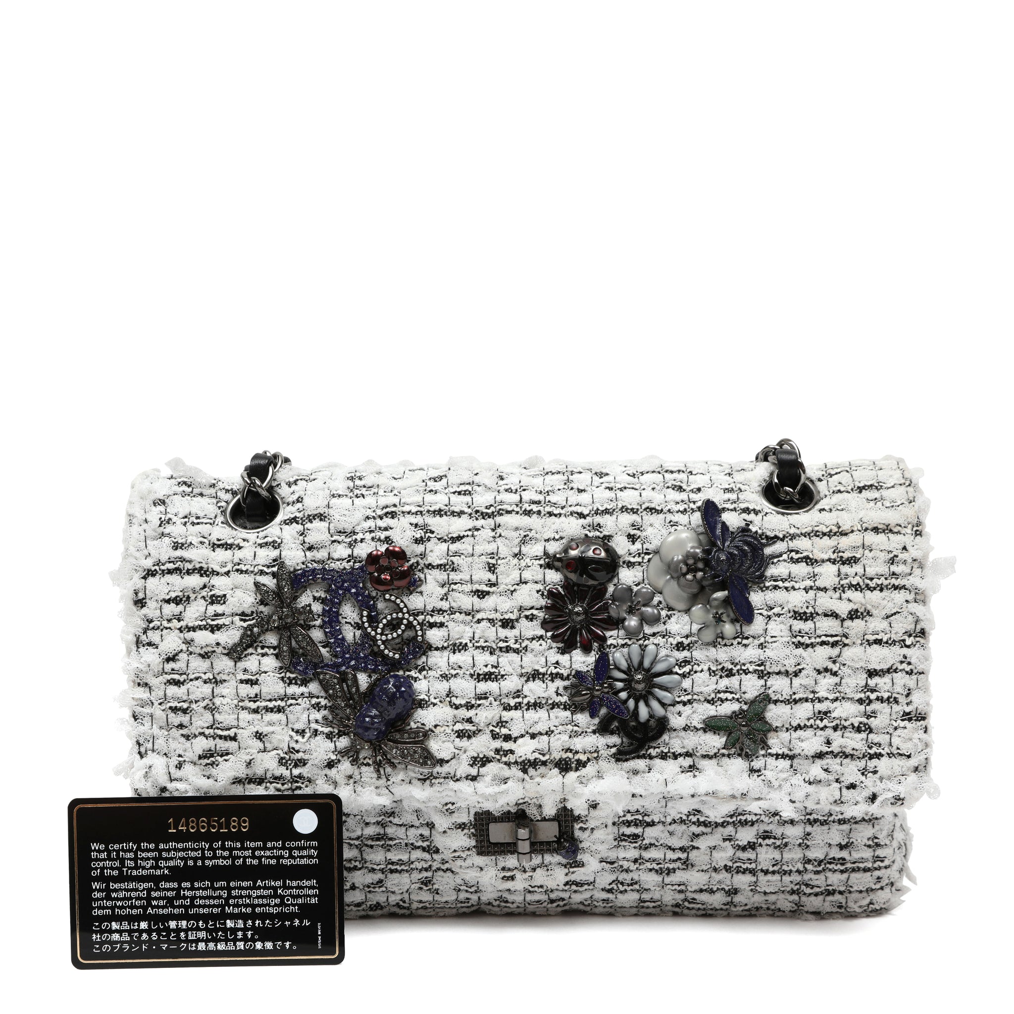 Chanel 2.55 Reissue Med White Black Tweed Garden Charms