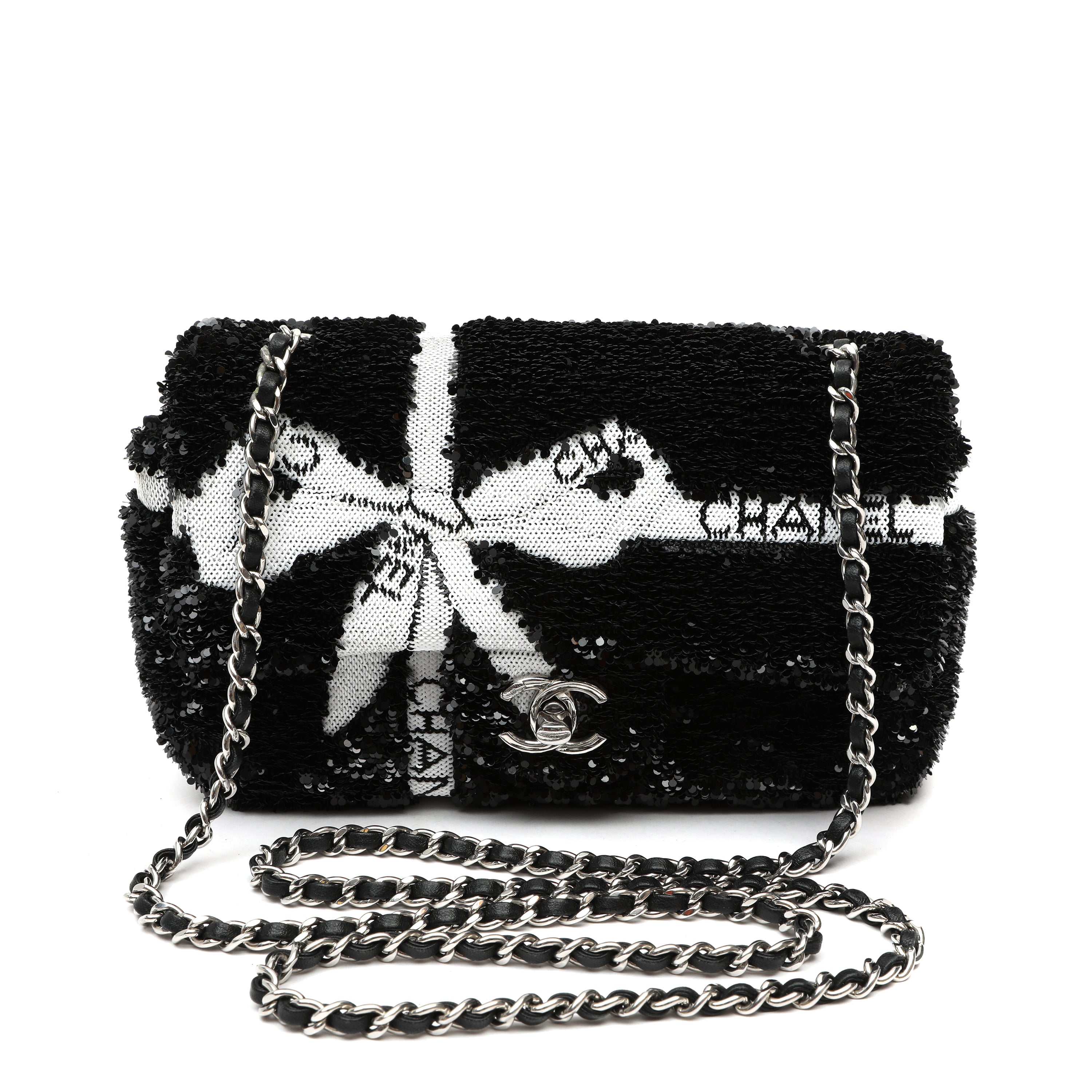 Chanel Black and White Seaquin Ribbon Small Singlew Flap Classic