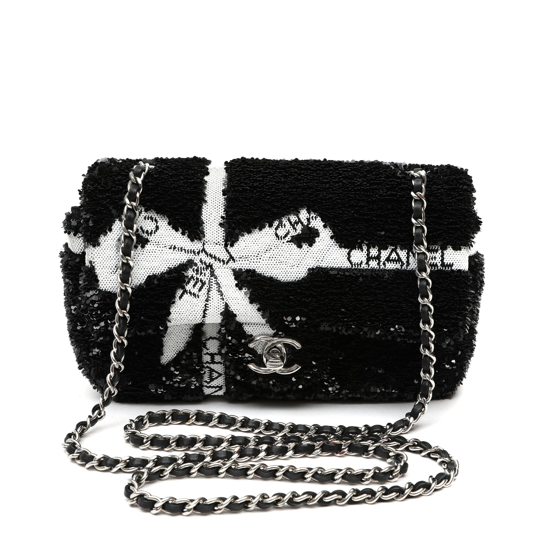 Chanel Black and White Seaquin Ribbon Small Singlew Flap Classic