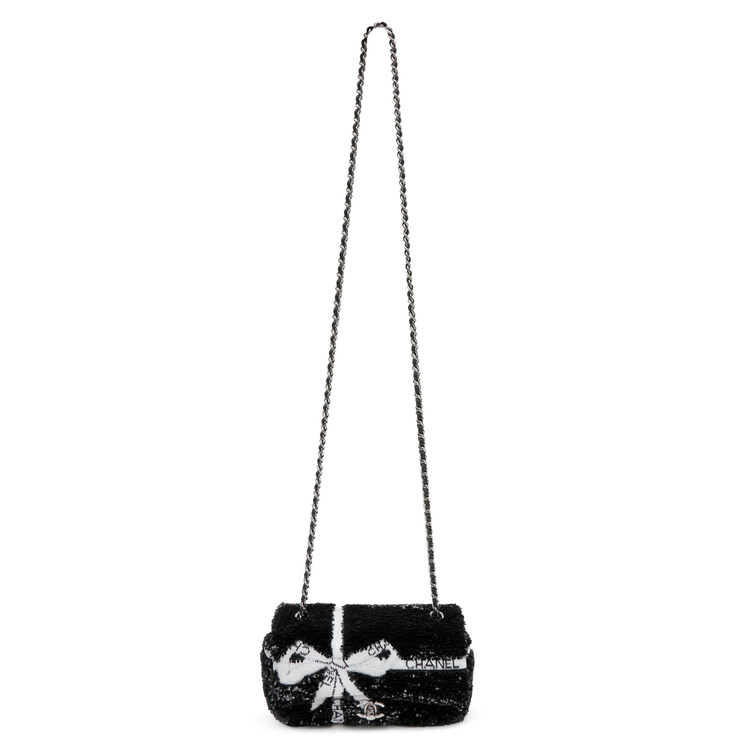 Chanel Black and White Seaquin Ribbon Small Singlew Flap Classic
