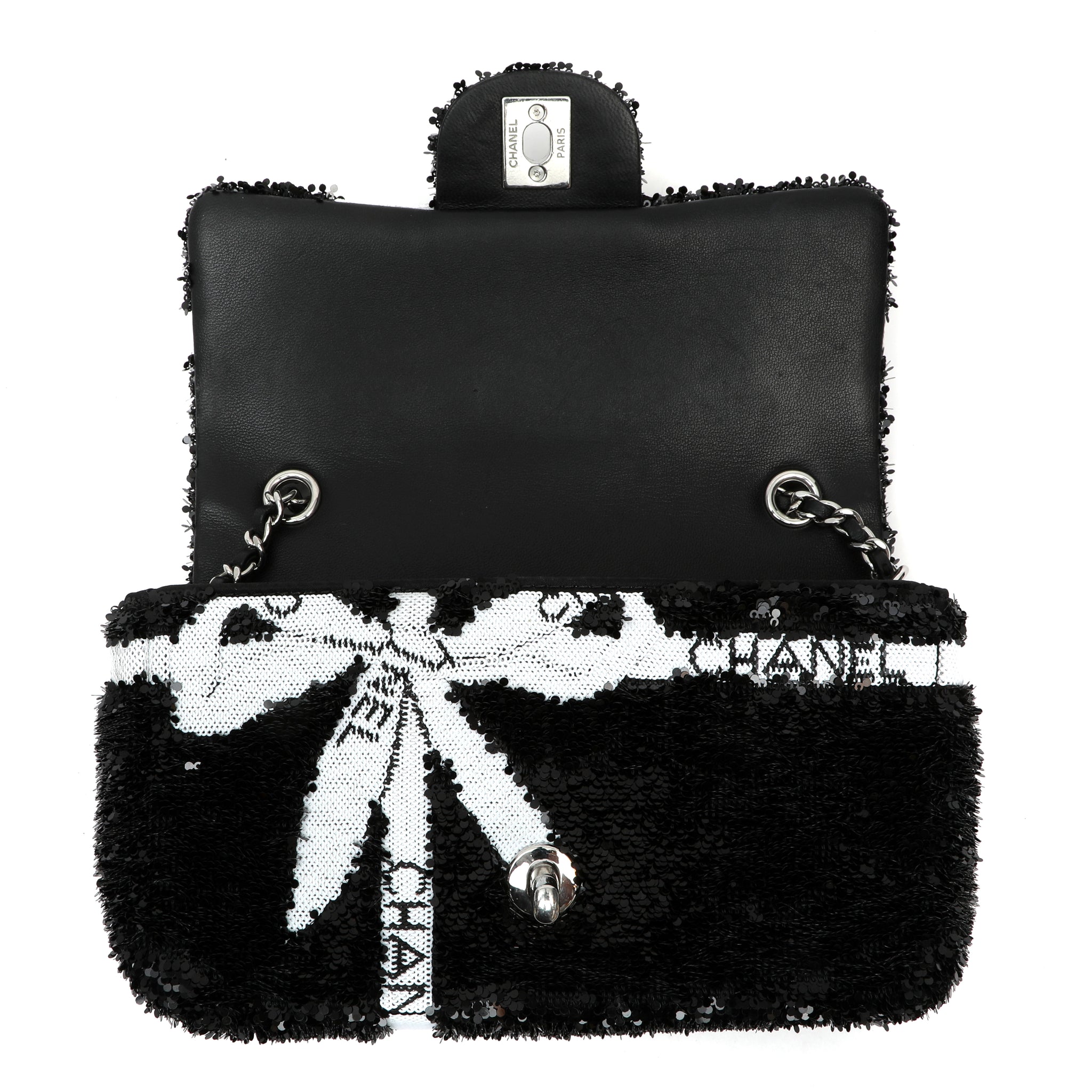 Chanel Black and White Seaquin Ribbon Small Singlew Flap Classic