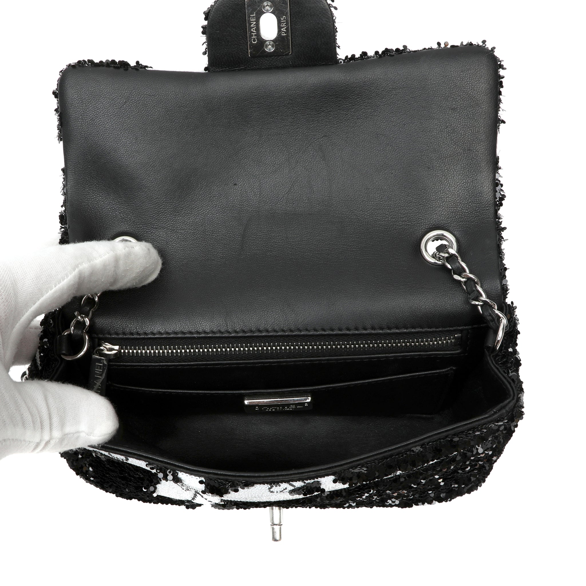 Chanel Black and White Seaquin Ribbon Small Singlew Flap Classic