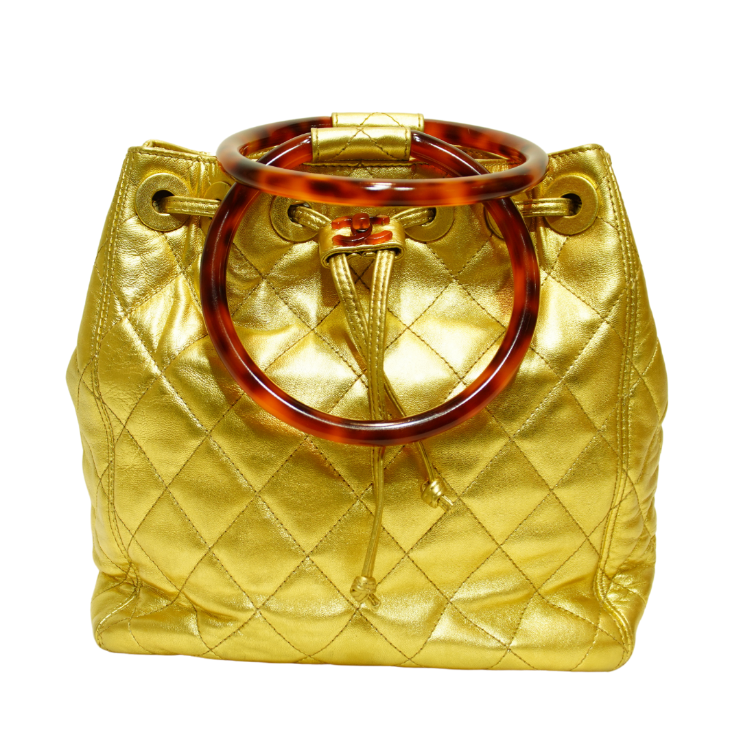 Chanel Metallic Gold Lambskin Quilted Hobo Tote w/ Tortoiseshell Handle