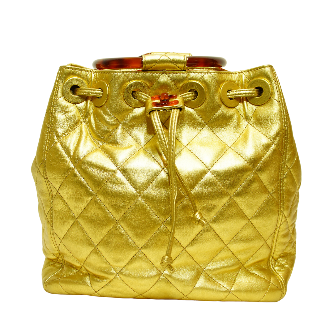 Chanel Metallic Gold Lambskin Quilted Hobo Tote w/ Tortoiseshell Handle