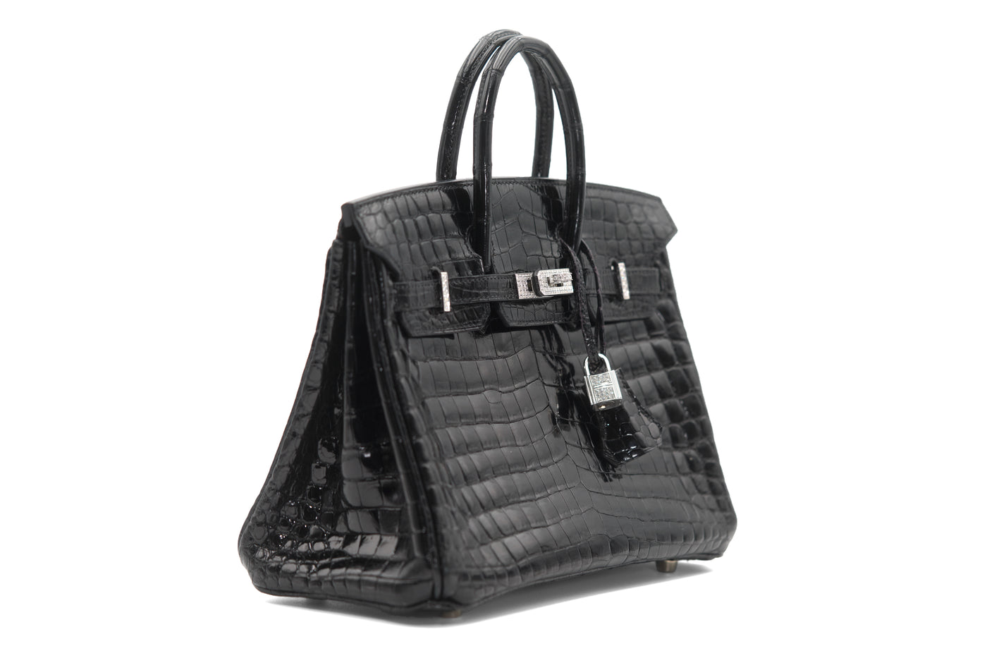 Hermes black shiny porosus croc diamond 25cm Birkin