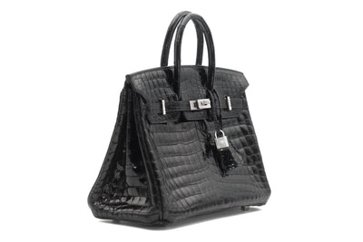 Hermes black shiny porosus croc diamond 25cm Birkin