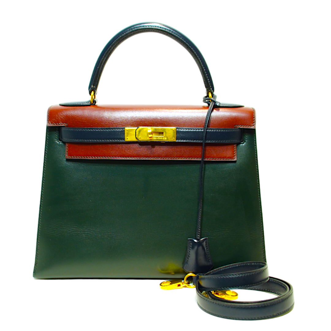 Hermès Vintage 28cm Bordeaux Vert Fonce Navy Box Calf Kelly w