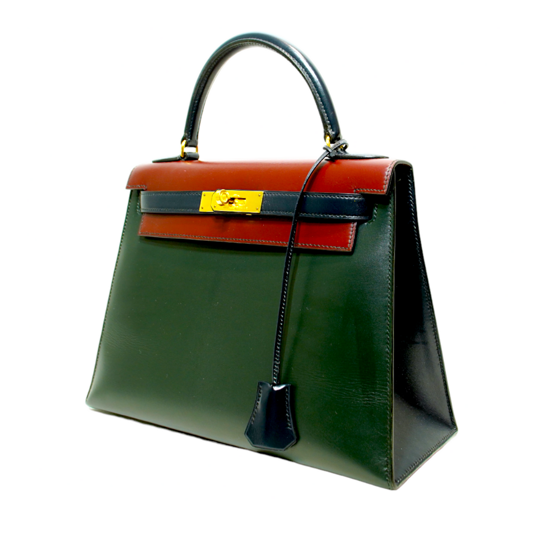 Hermès Vintage 28cm Bordeaux / Vert Fonce / Navy Box Calf Kelly w/ Gold Hardware