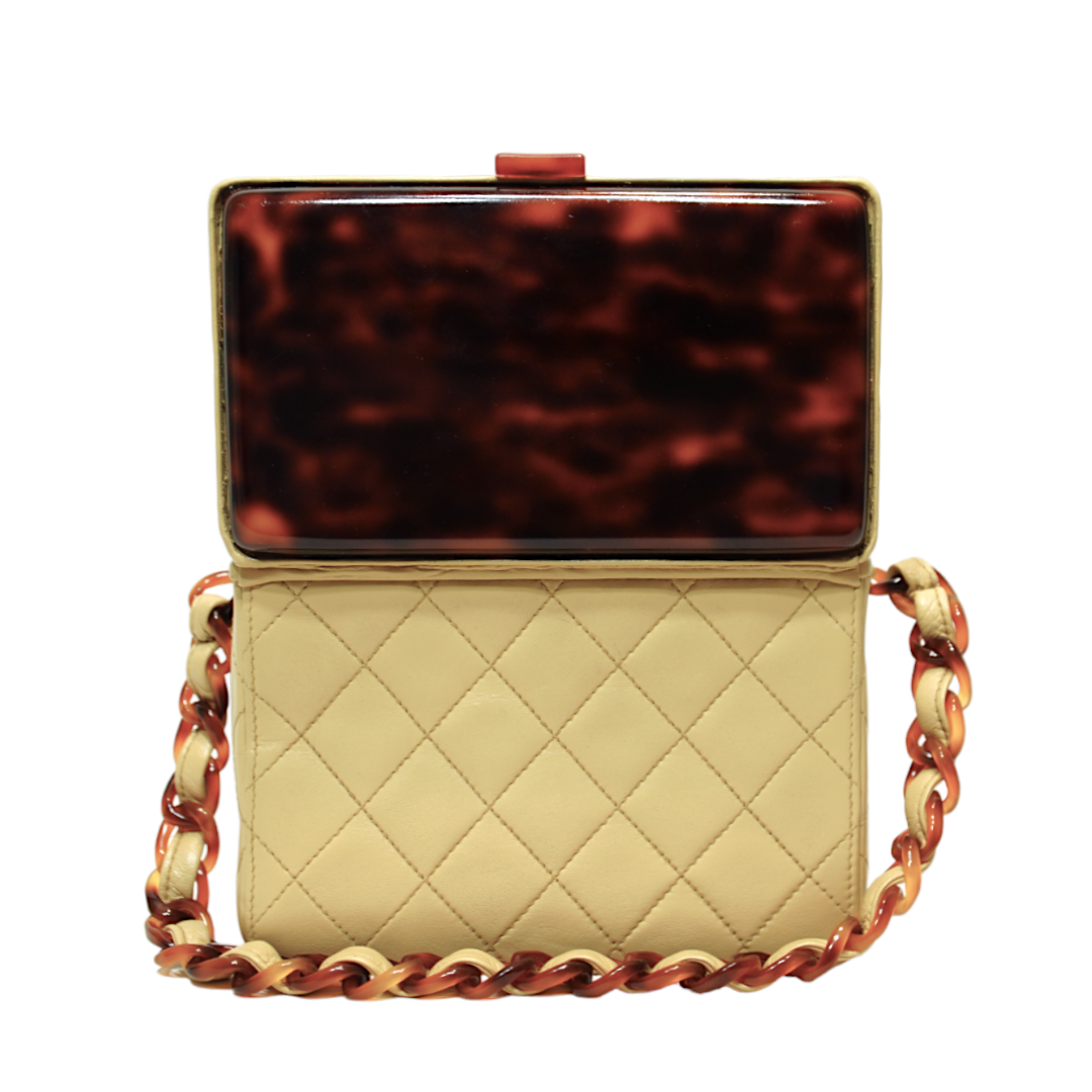Chanel Beige Lambskin Quilted Hard Vanity w/ Tortoiseshell Top & Handle
