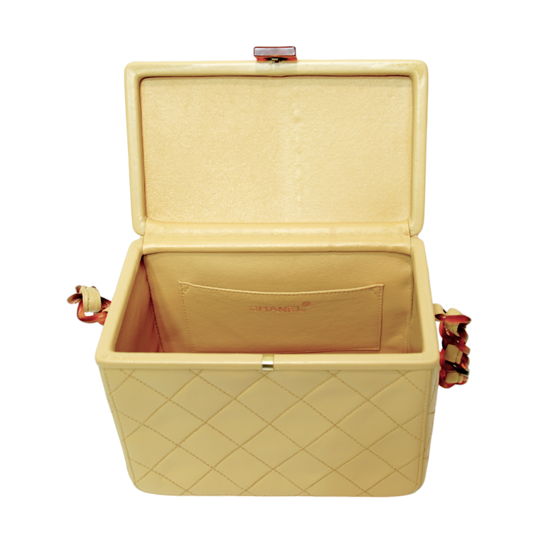 Chanel Beige Lambskin Quilted Hard Vanity w/ Tortoiseshell Top & Handle