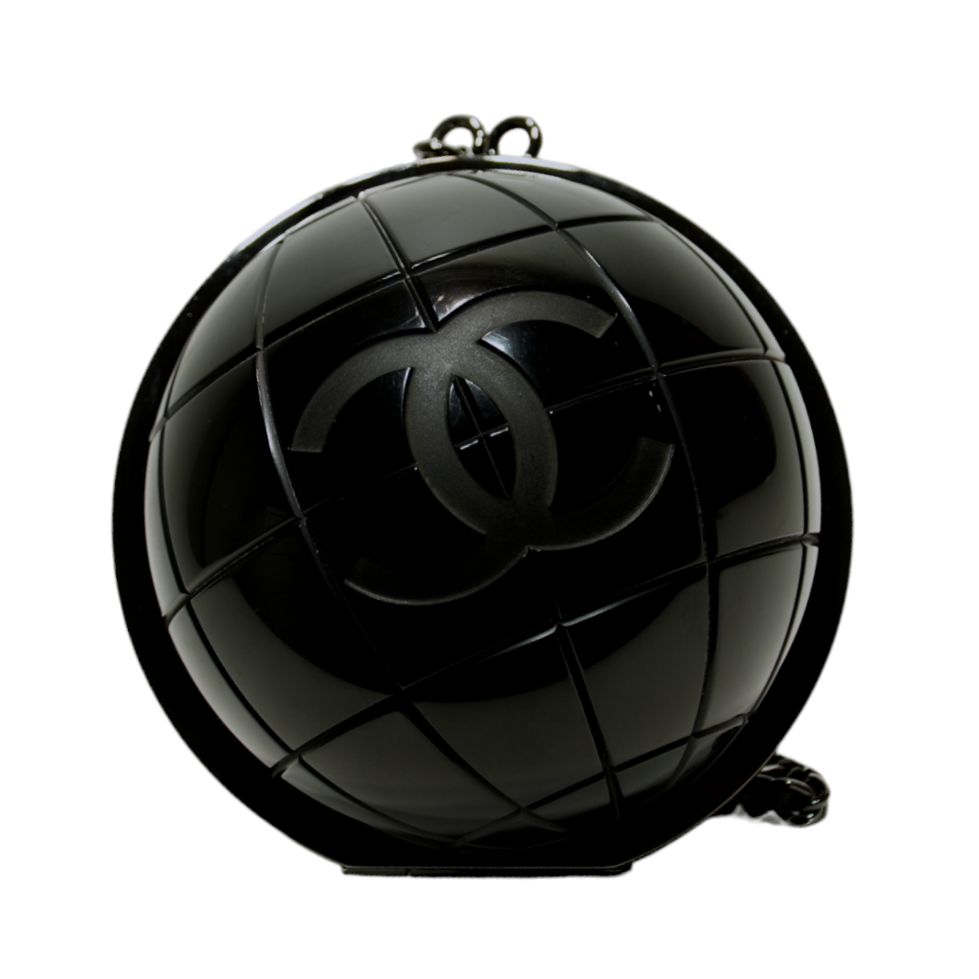 Chanel Black Globe Minaudiere Clutch Evening Bag w/ CC