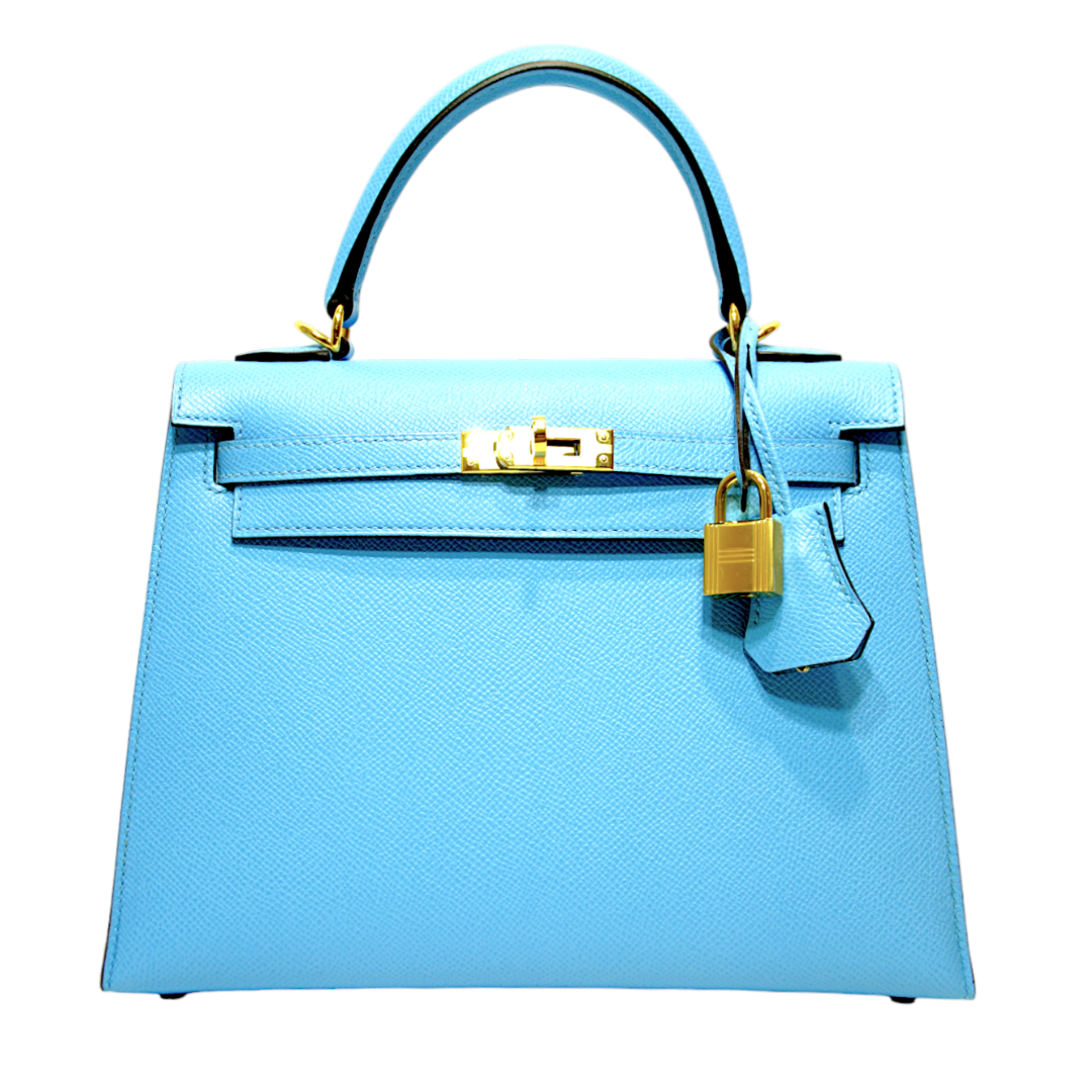 Hermès 25cm Blue Celeste Epsom Selier Kelly w/ Gold Hardware
