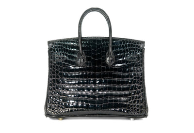 Hermes black shiny porosus croc diamond 25cm Birkin