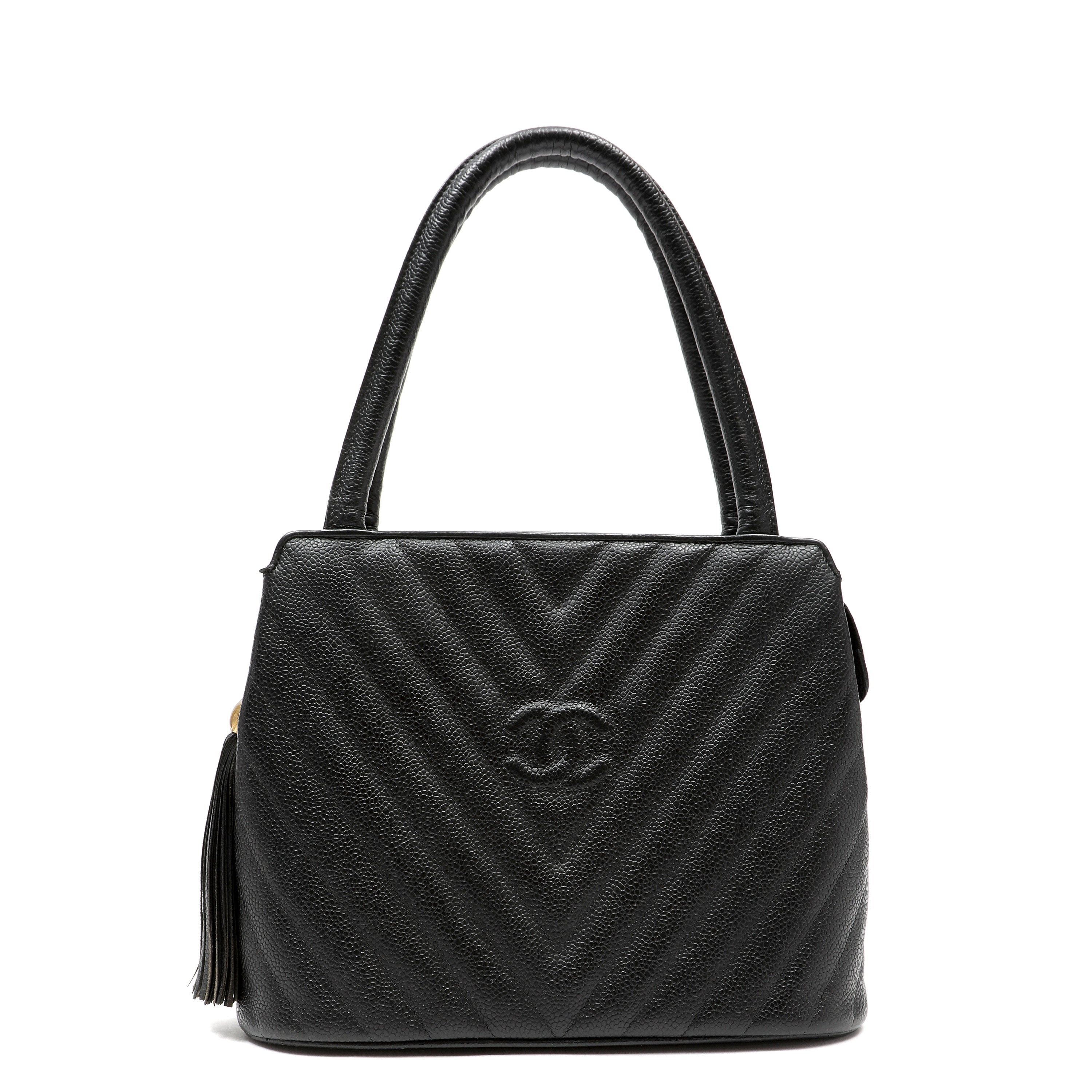 Chanel 1992 Top-Handle CC V-stitch Black Caviar w/Gold Hardware Tassel