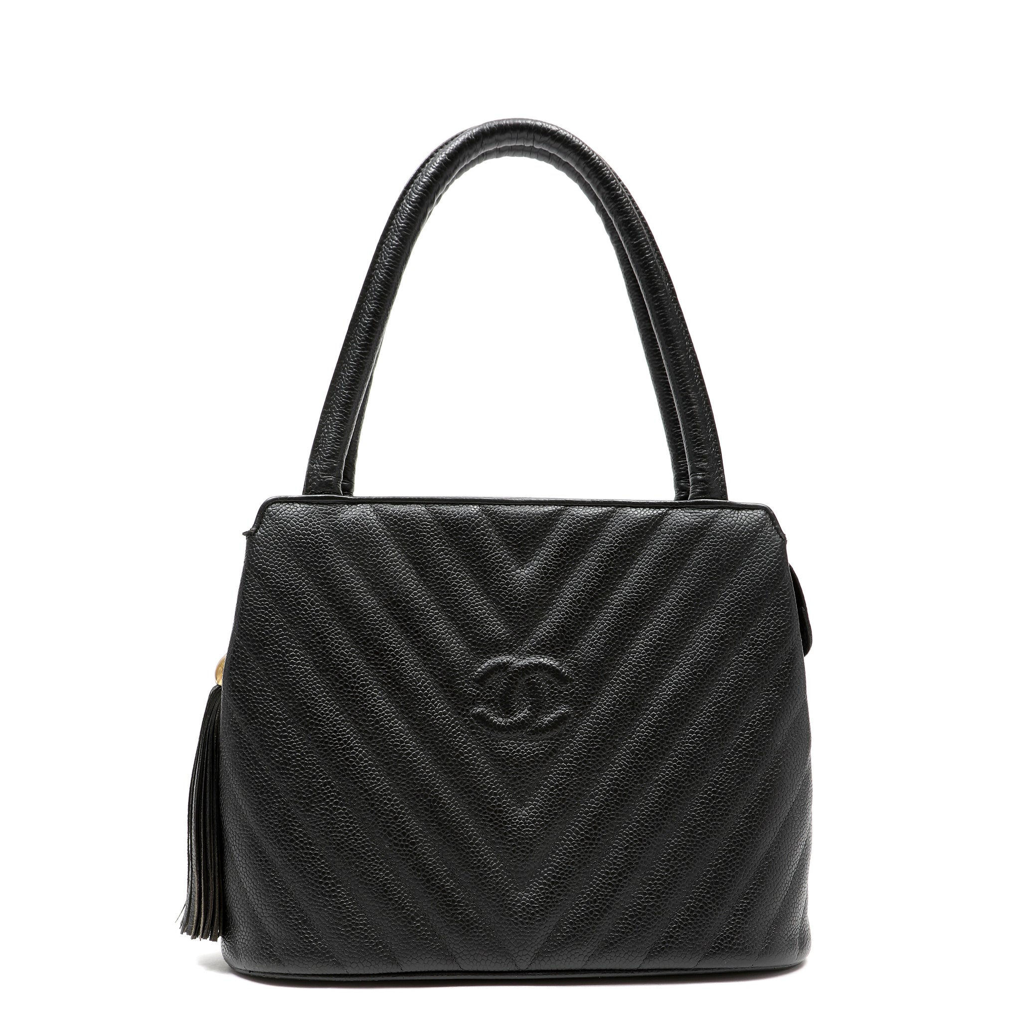 Chanel 1992 Top-Handle CC V-stitch Black Caviar w/Gold Hardware Tassel
