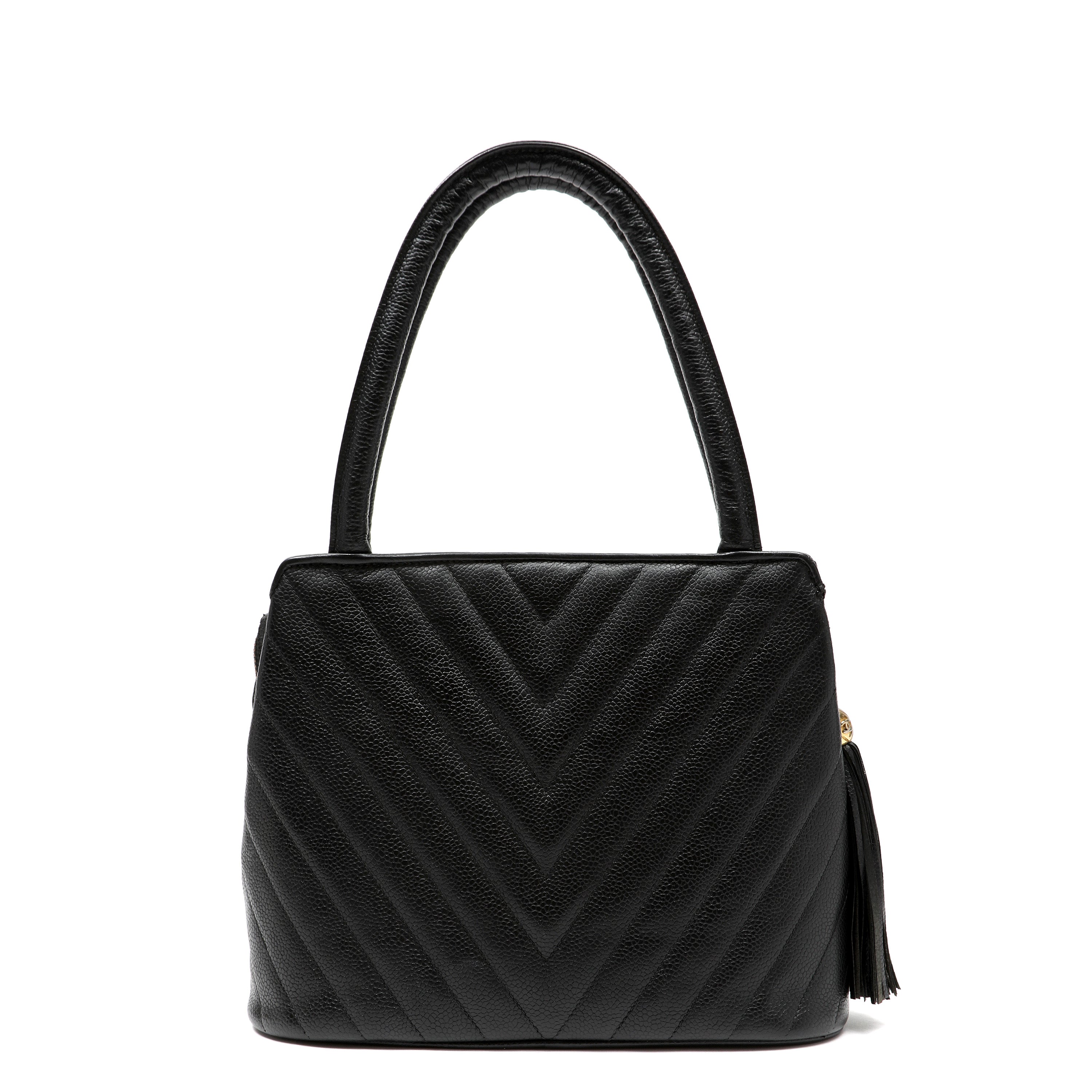 Chanel 1992 Top-Handle CC V-stitch Black Caviar w/Gold Hardware Tassel